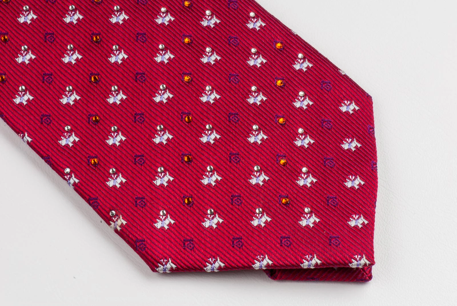 Scottie Dog Silk Neck Tie With Rhinestones Silver Scotty Dog On Burgundy - Image 4