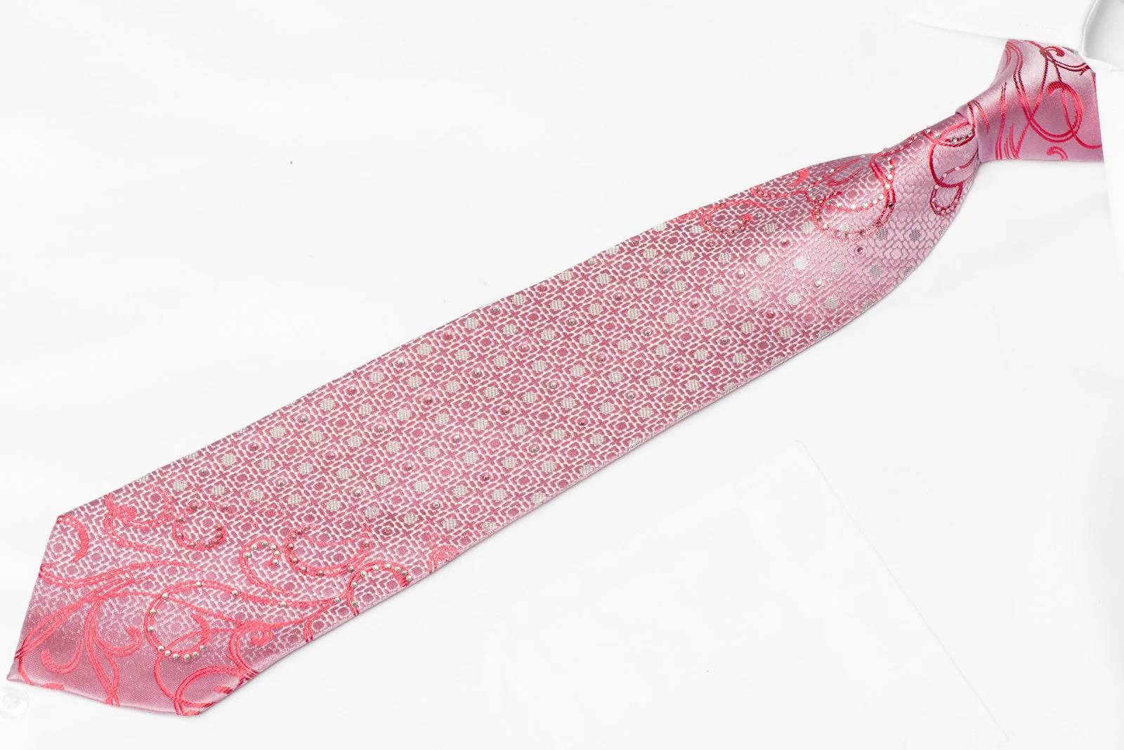 Scrolls And Geometric On Pink Rhinestone Silk Tie With Silver Sparkles - Image 2