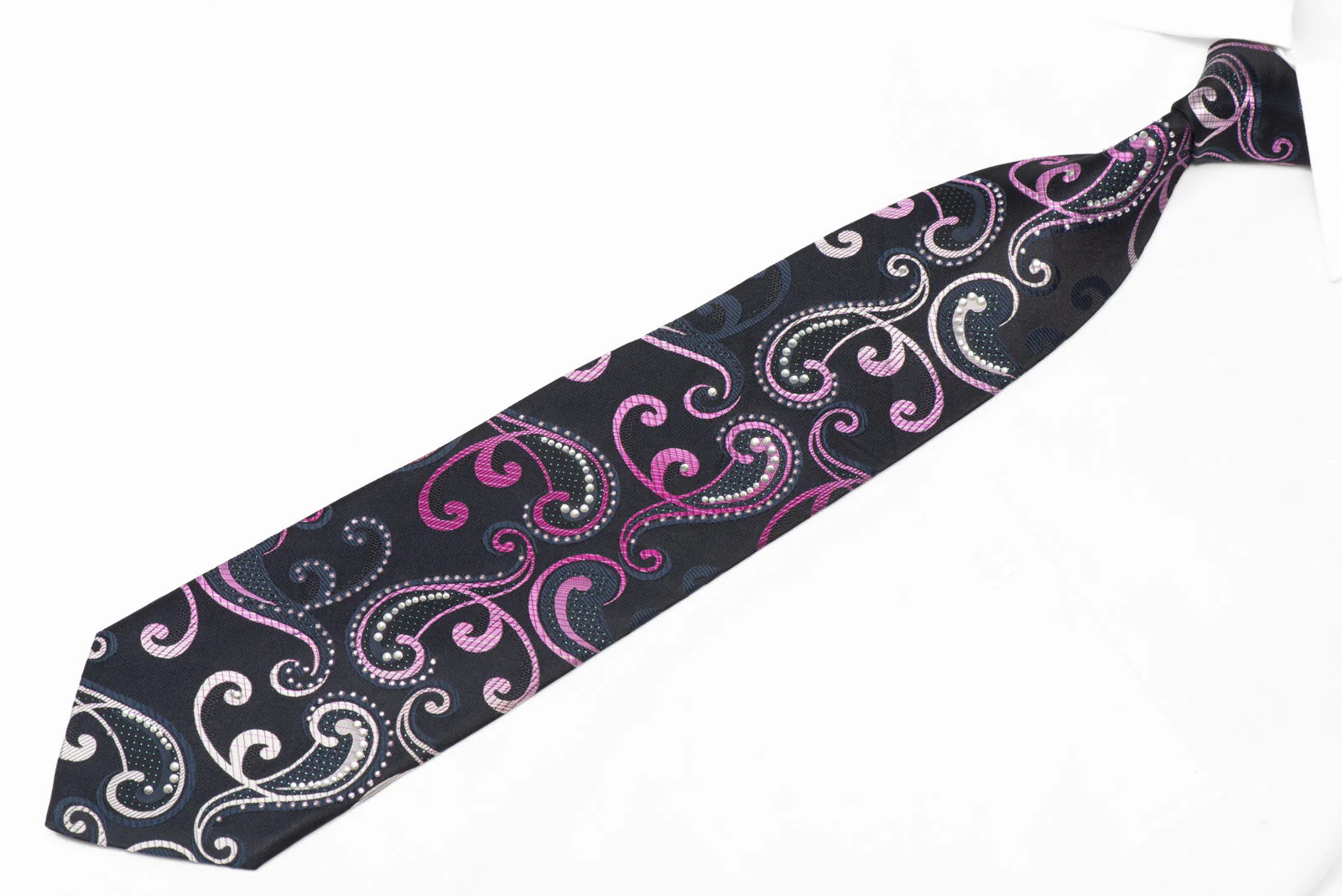 Scrolls On Navy Blue Rhinestone Silk Necktie With Silver Sparkles - Image 2