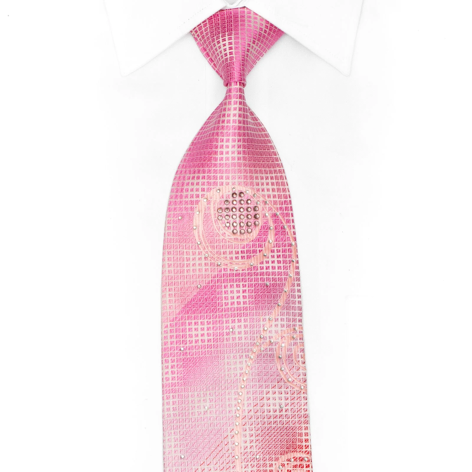 Scrolls On Pink Silk Necktie Sparkling With Crystal Rhinestones