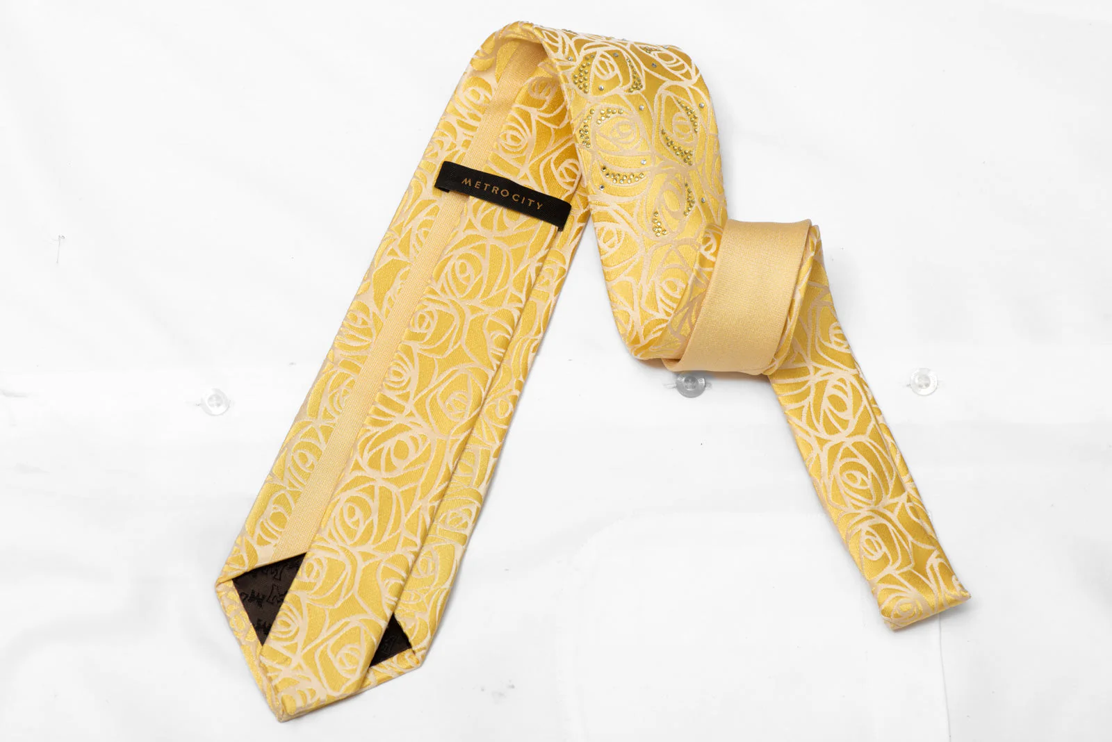 Scrolls On Yellow Sparling Rhinestone Silk Necktie - Image 3