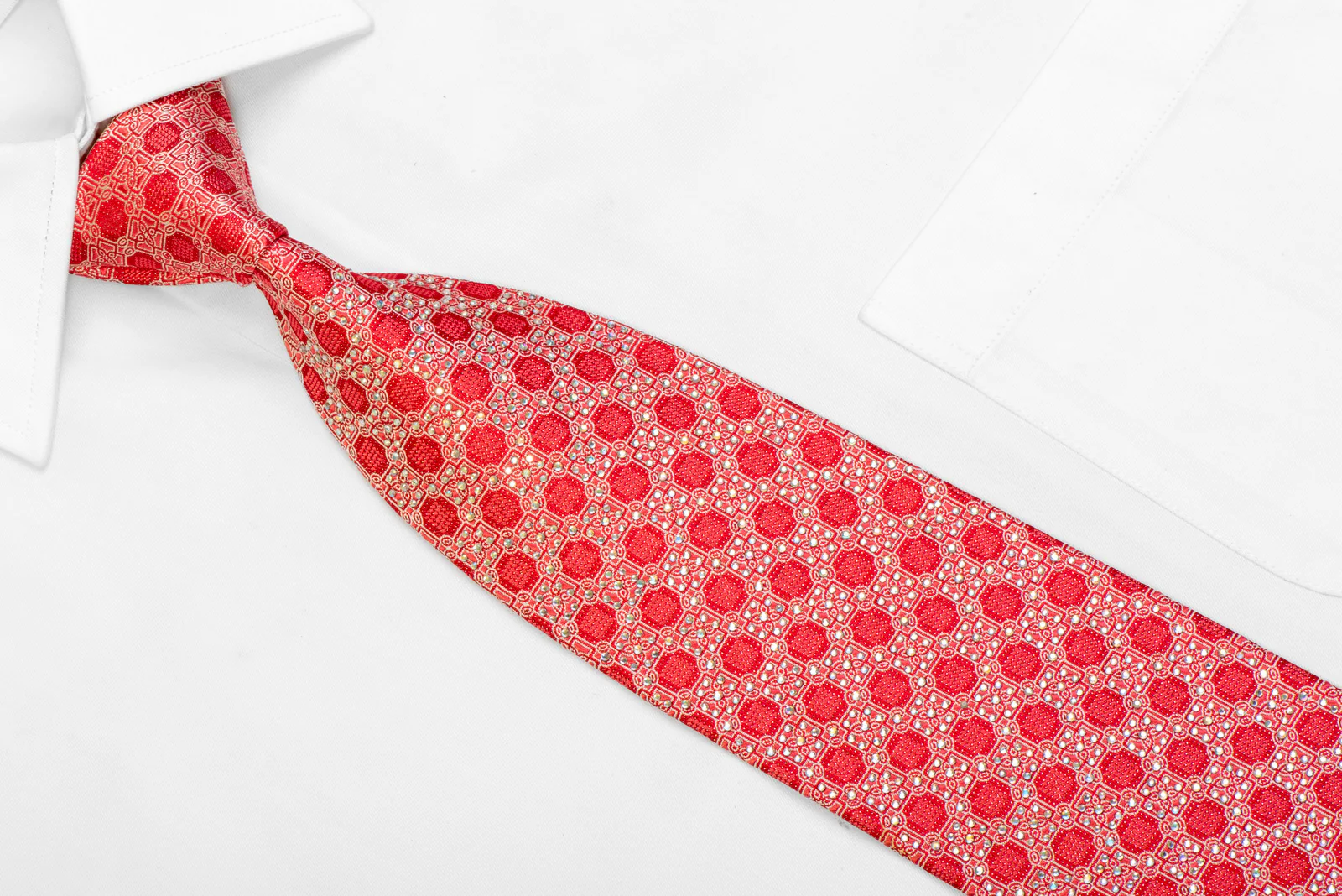 Sil;ver Cartouche On Red Rhinestone Silk Necktie With Sparkles - Image 2