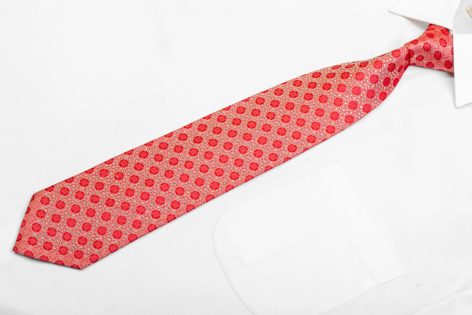 Sil;ver Cartouche On Red Rhinestone Silk Necktie With Sparkles - Image 3