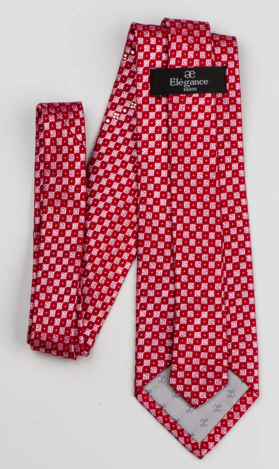 Silk Neck Tie By Elegance Red Checker Design With White Rhinestones 3 1/4 Inch - Image 2