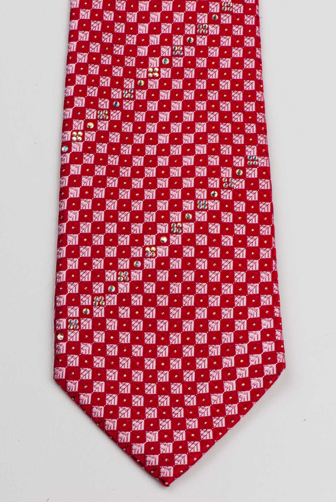 Silk Neck Tie By Elegance Red Checker Design With White Rhinestones 3 1/4 Inch - Image 4