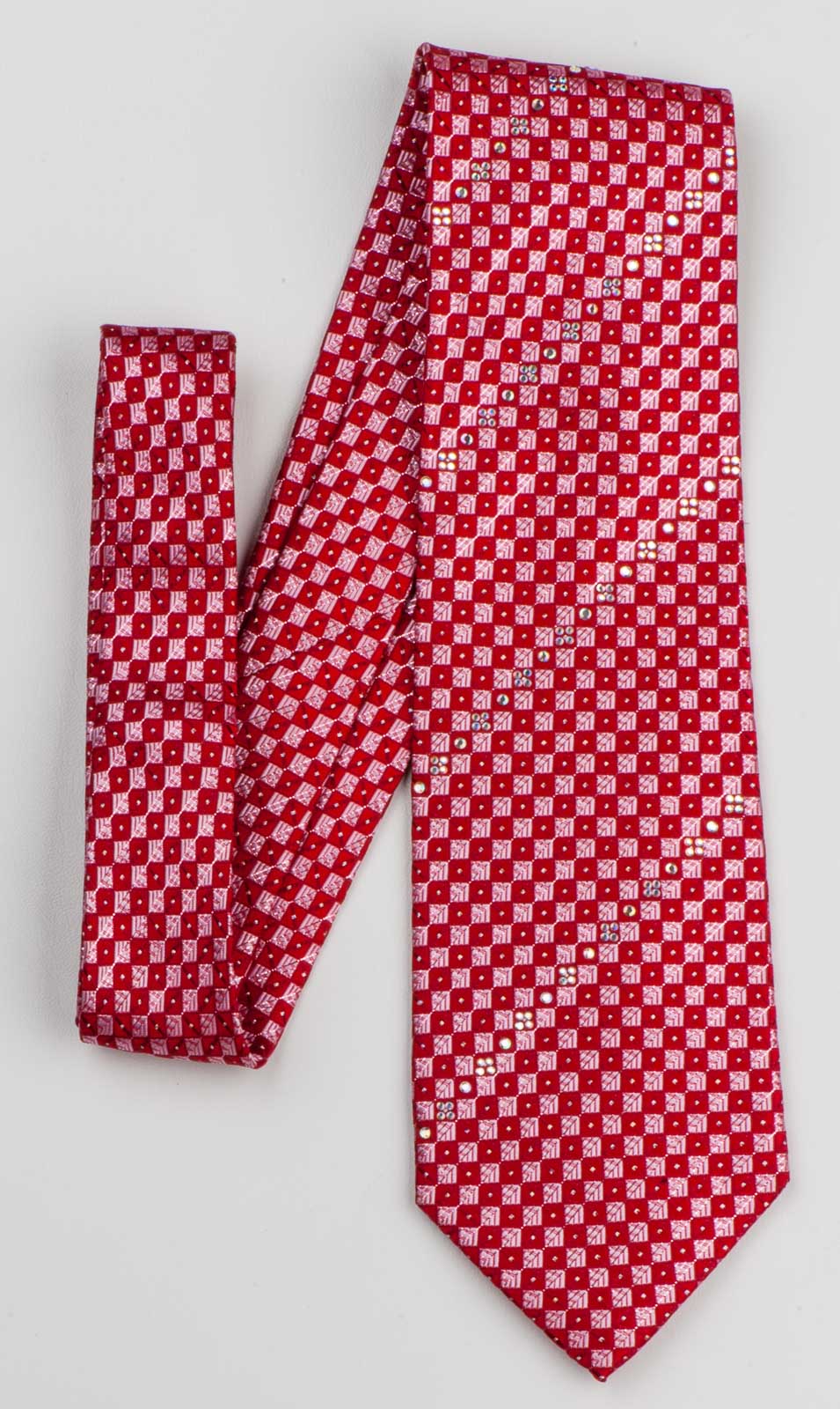 Silk Neck Tie By Elegance Red Checker Design With White Rhinestones 3 1/4 Inch - Image 9