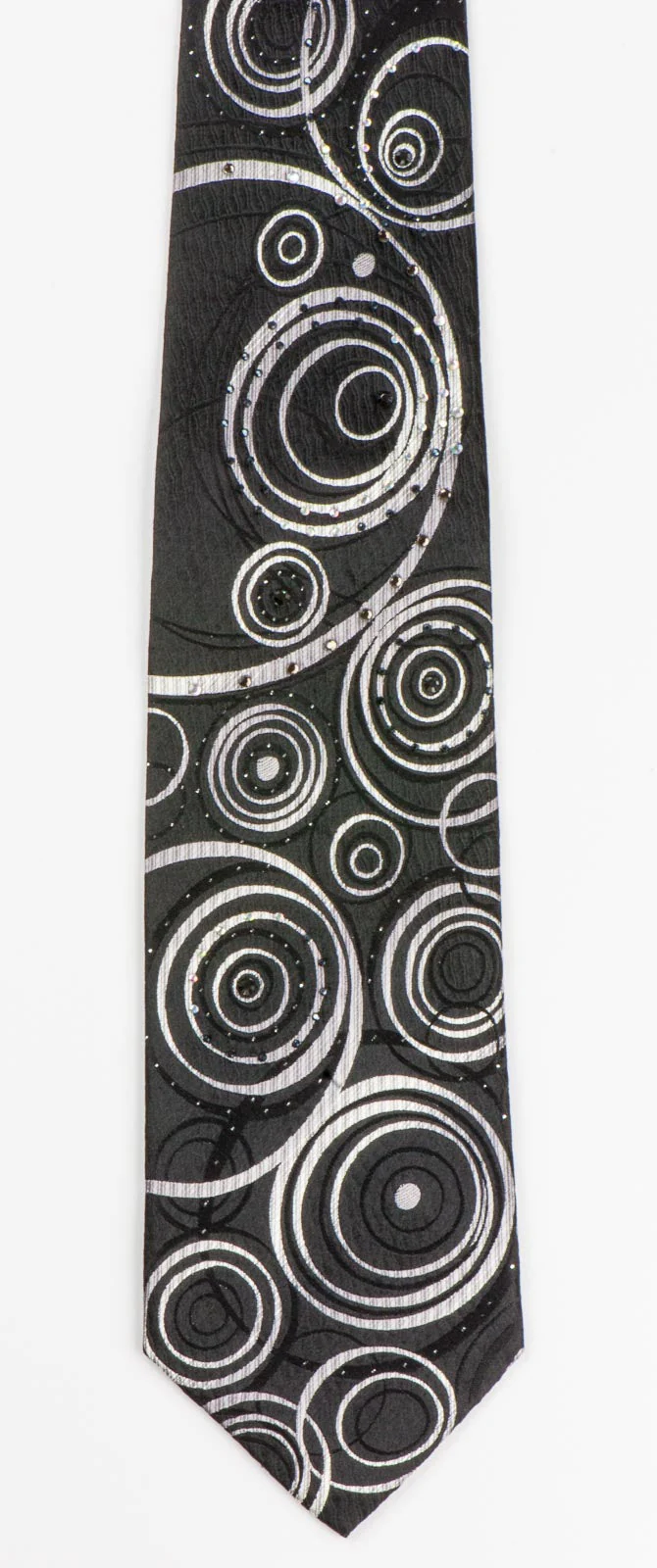 Silk Neck Tie By Elegance Silver Circles On Black With Rhinestones 3 1/2 Inch - Image 2