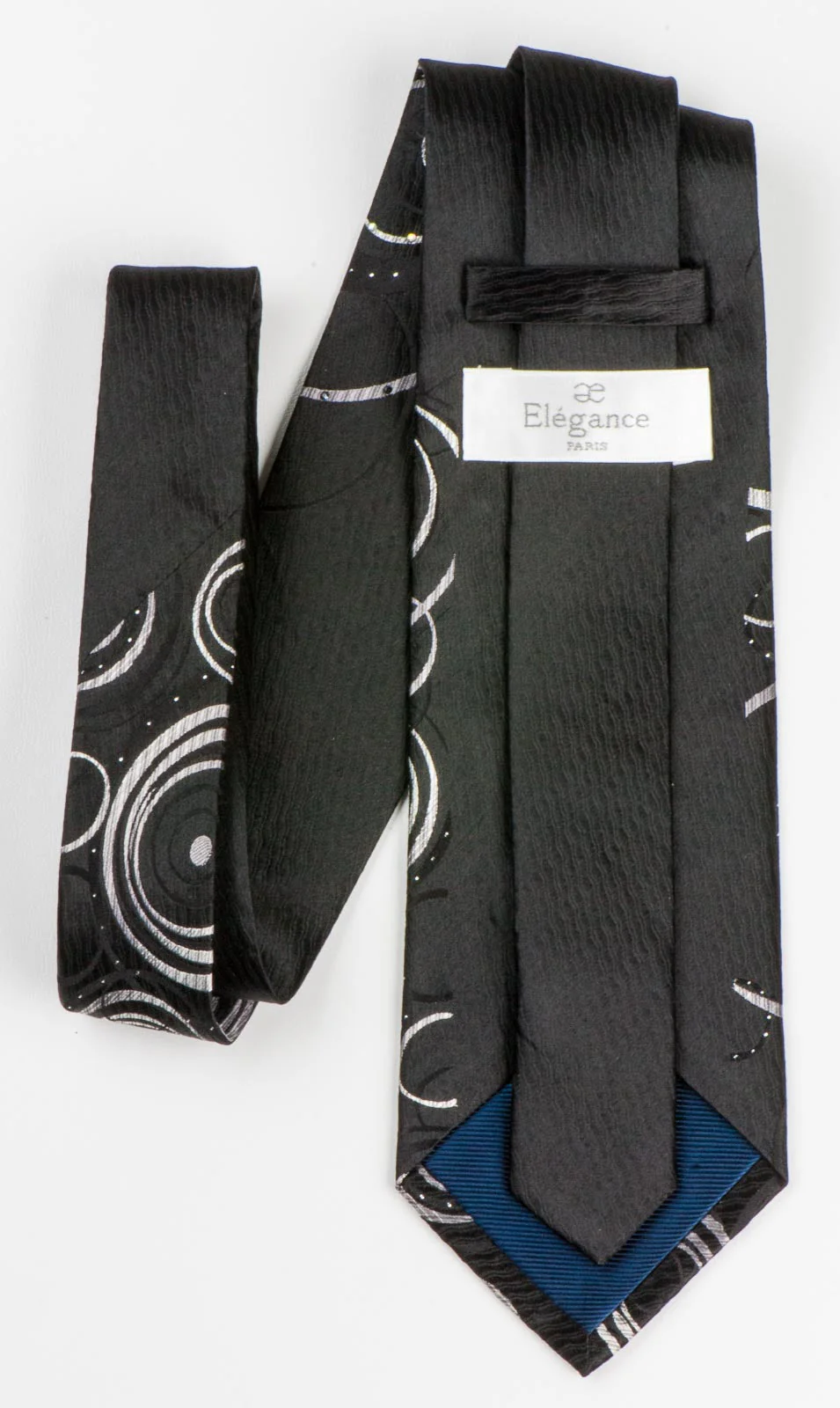 Silk Neck Tie By Elegance Silver Circles On Black With Rhinestones 3 1/2 Inch - Image 5