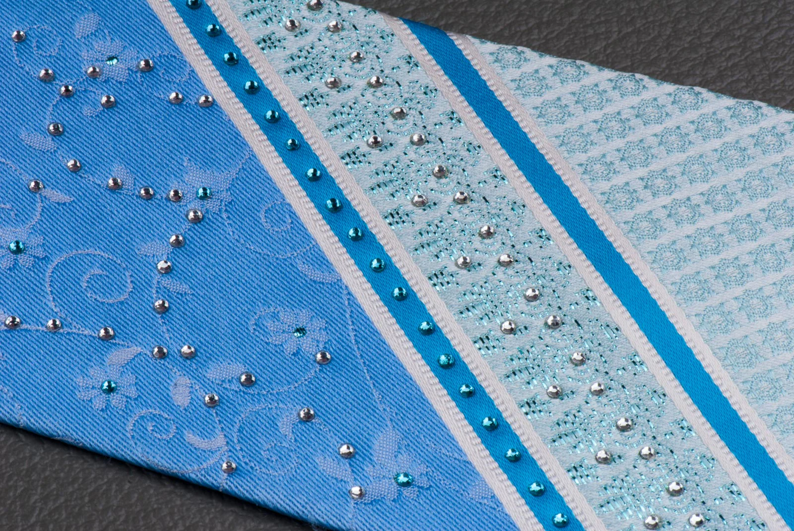 Silk Neck Tie By Grand Jour With Rhinestones Floral & Blue Stripes 3 1/2 Inch - Image 2