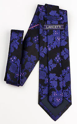 Rhinestone Necktie By Lancetti Dark Purple Floral On Black With Pink Rhinestones - Image 4
