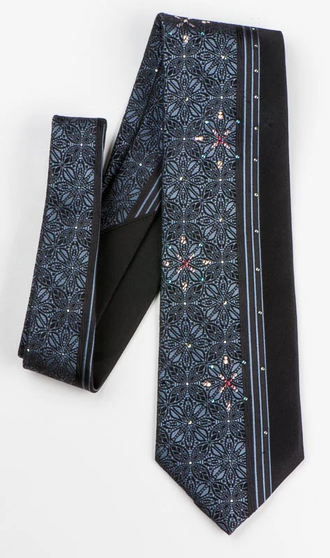 Silk Neck Tie By Pierre Cardin Gray Geometric Floral Design On Black With Rhinestones - Image 3