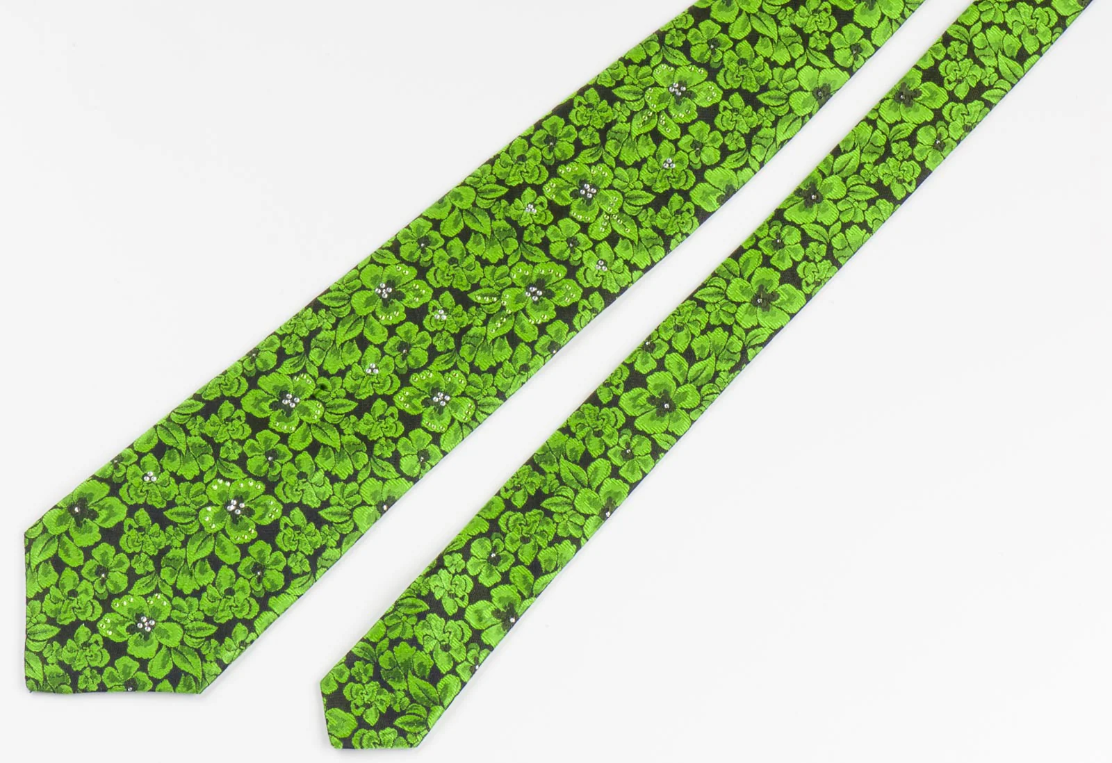 Silk Neck Tie By Rogers Dail Green Floral Design On Black With Rhinestones - Image 3