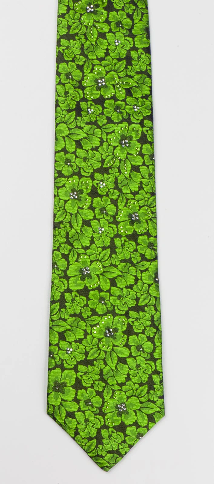 Silk Neck Tie By Rogers Dail Green Floral Design On Black With Rhinestones - Image 7