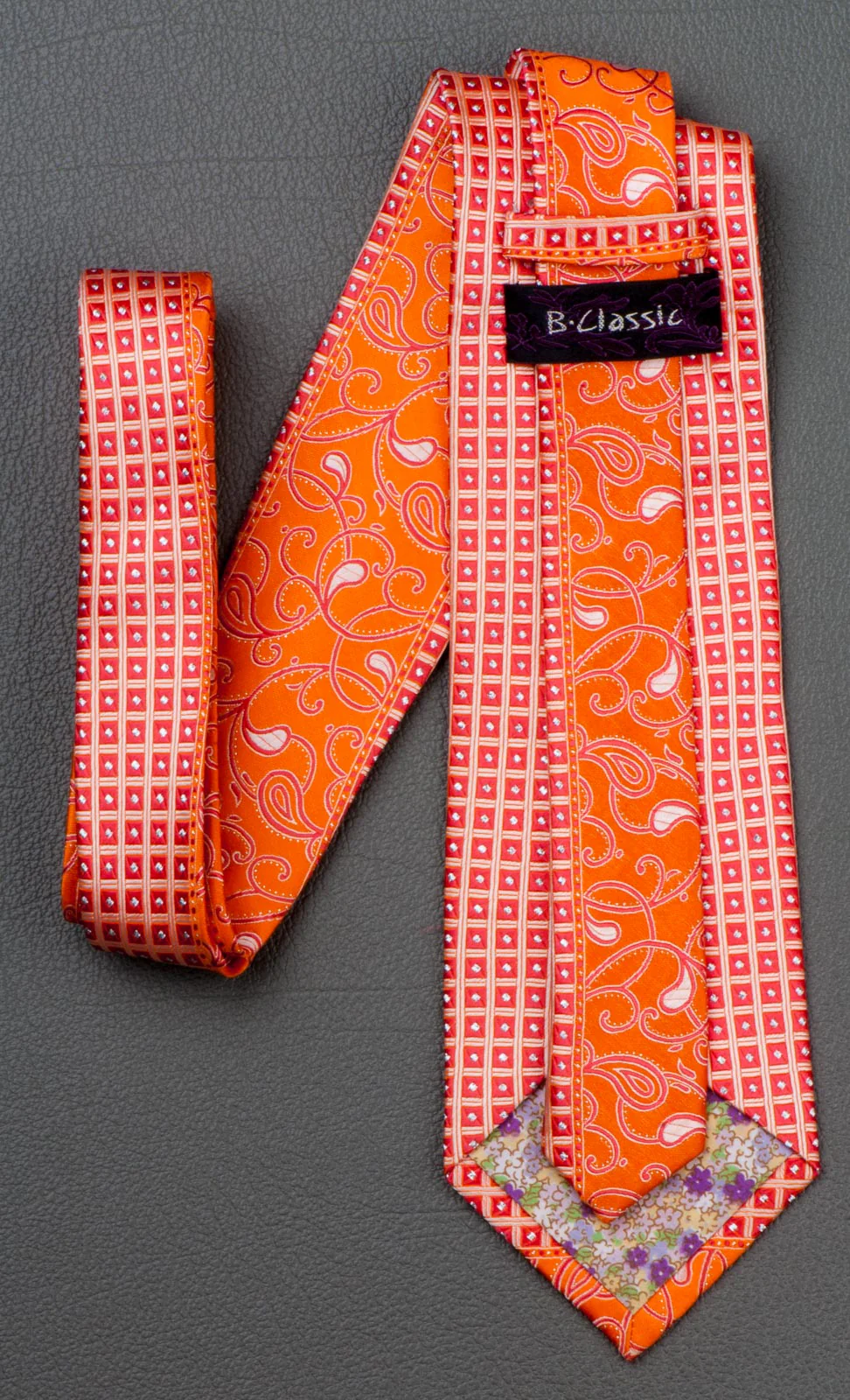 Silk Neck Tie With Rhinestones By B-Classic Red Paisley On Orange 3 1/2 Inch - Image 5