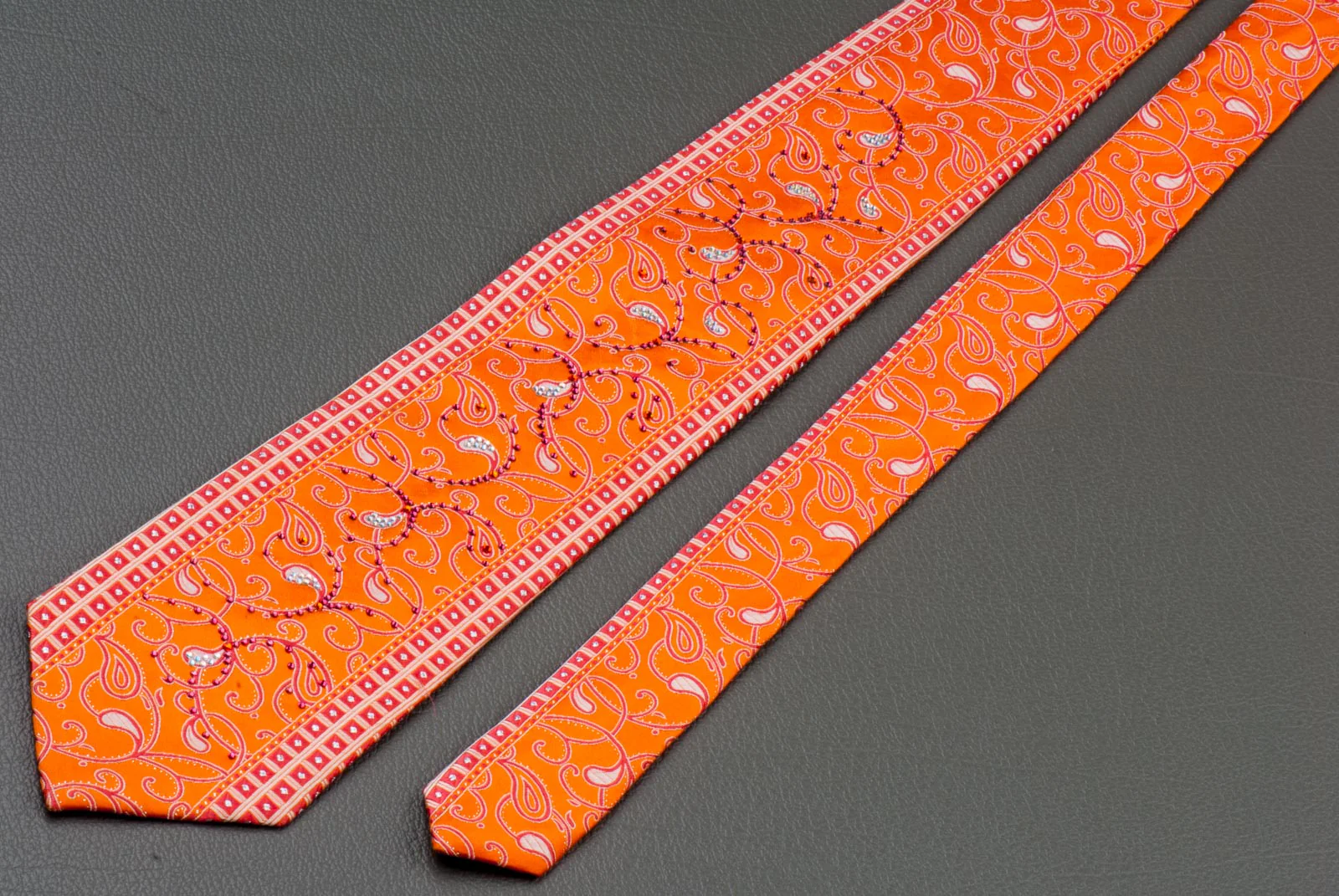 Silk Neck Tie With Rhinestones By B-Classic Red Paisley On Orange 3 1/2 Inch - Image 6