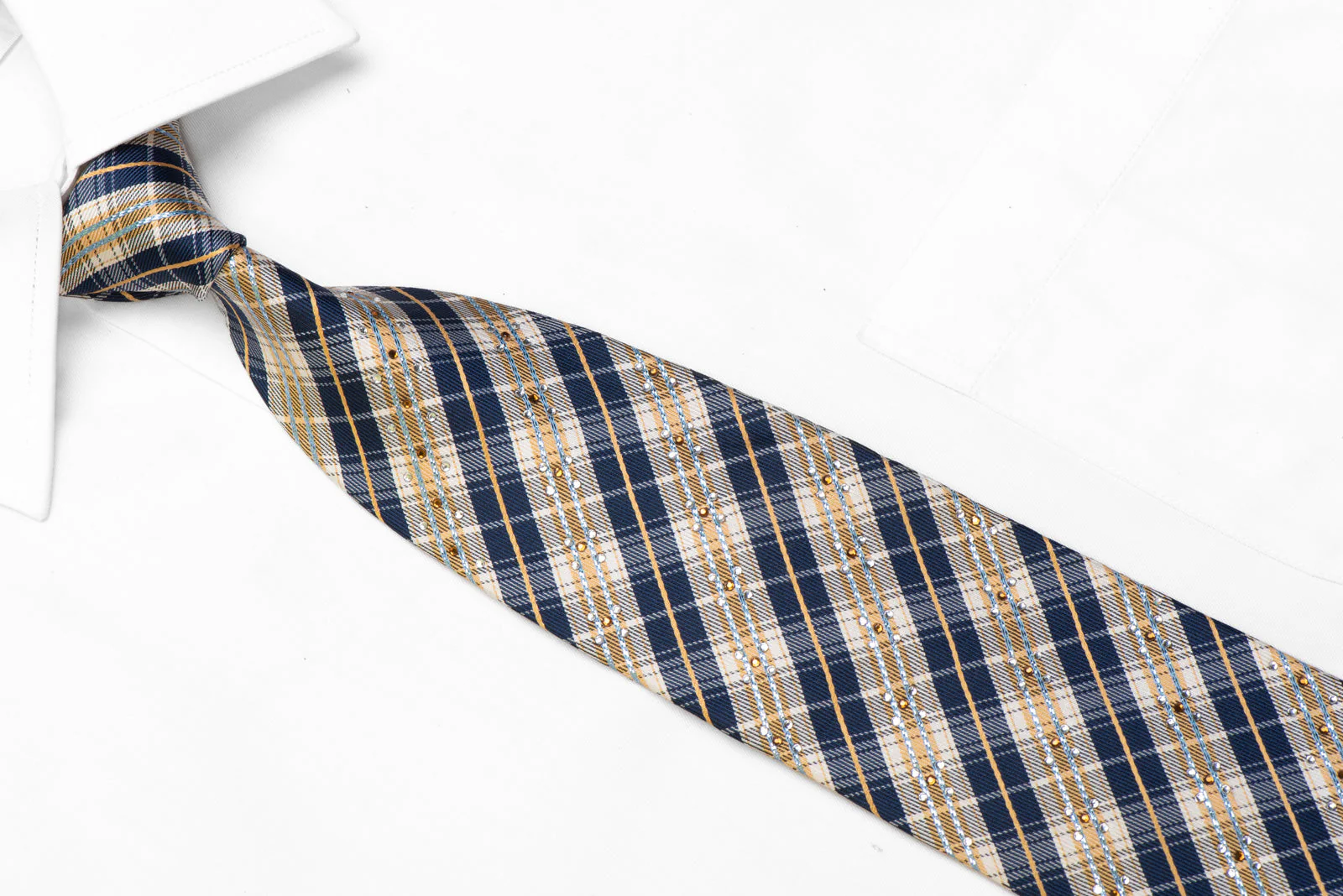 Silk Necktie Blue Beige Gold Silver Plaid With Rhinestones & Sparkles - Image 2