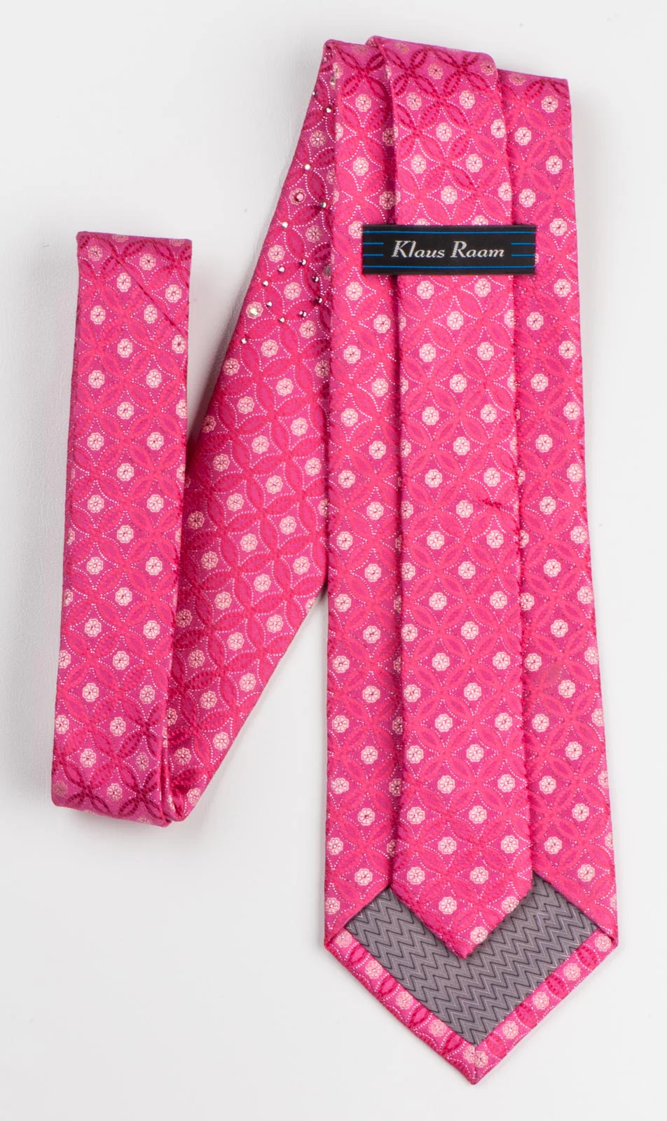 Silk Necktie By Klaus Raam Interlocking circles On Pink With Rhinestones - Image 3