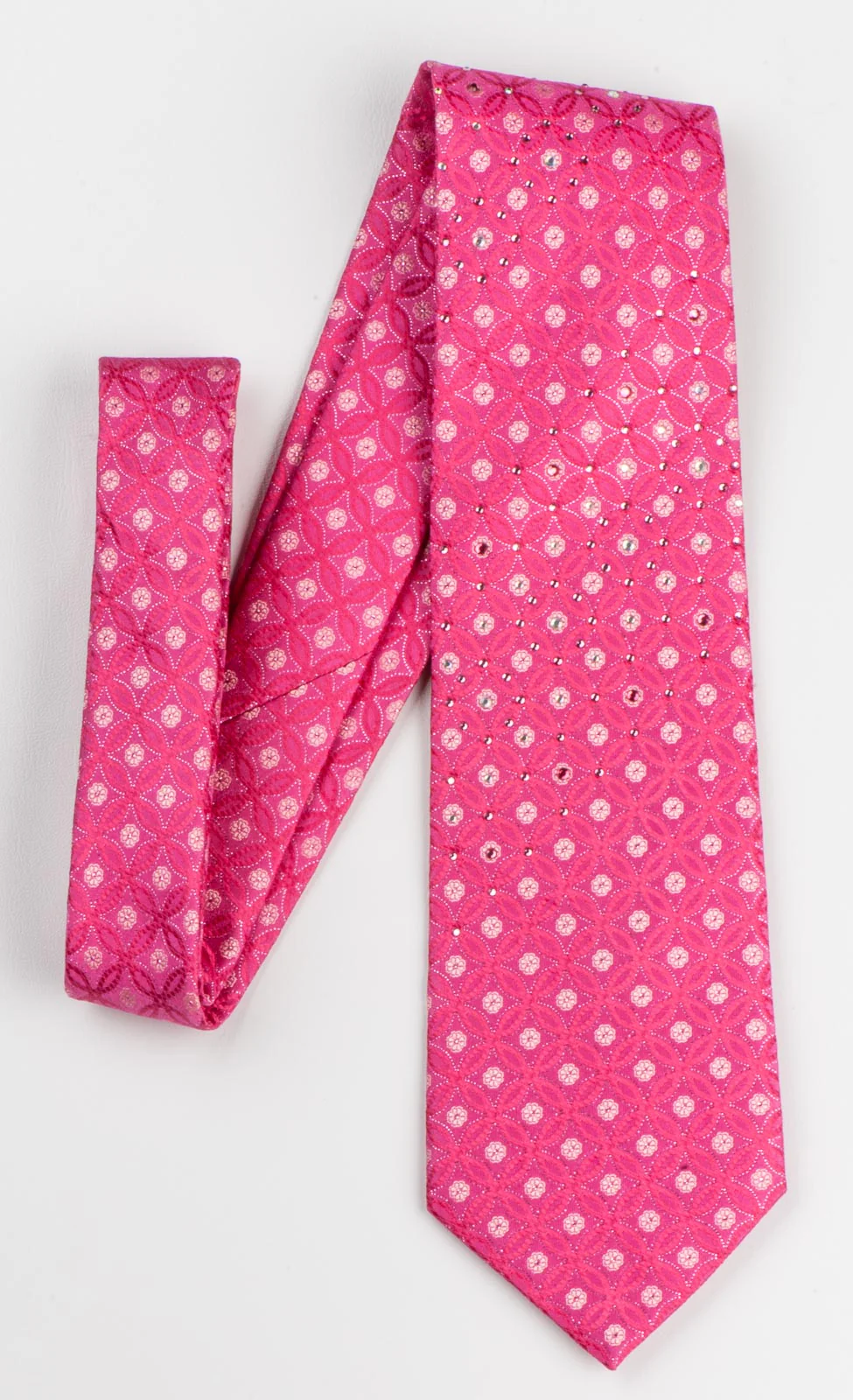 Silk Necktie By Klaus Raam Interlocking circles On Pink With Rhinestones - Image 6