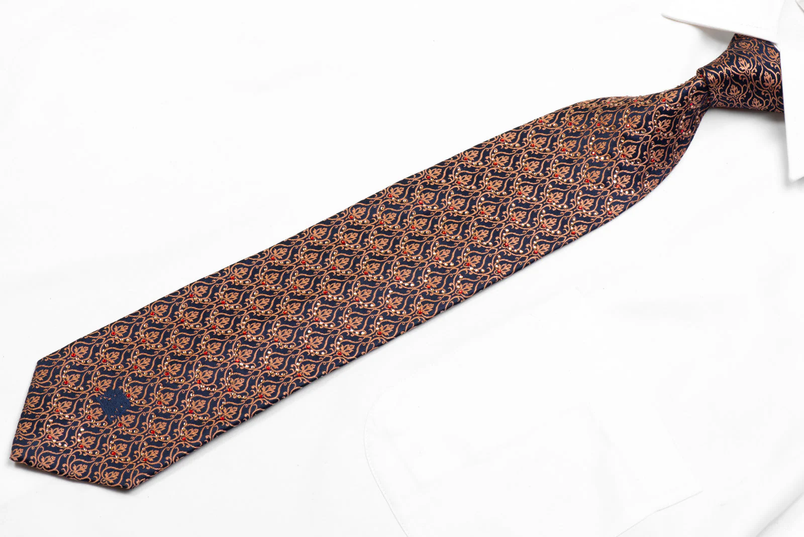 Silk Necktie Orange Filigree On Navy With Rhinestones & Orange Sparkles - Image 3