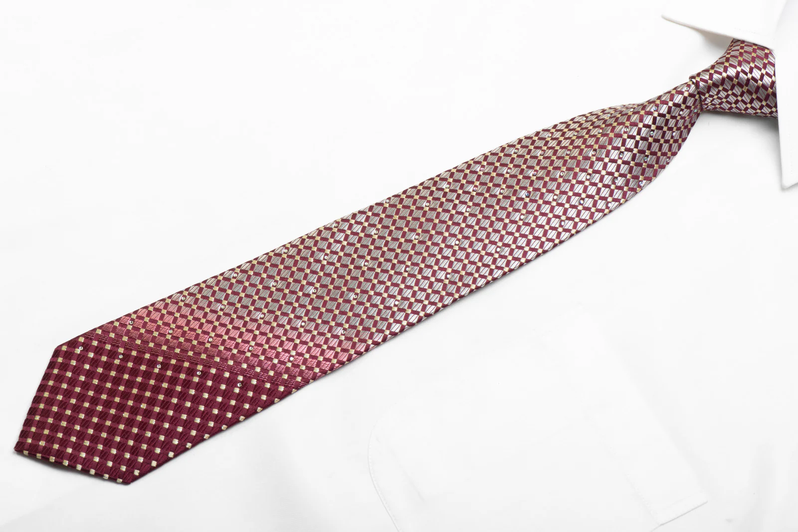 Silk Necktie Silver Geometric On Burgundy With Silver Sparkles - Image 3