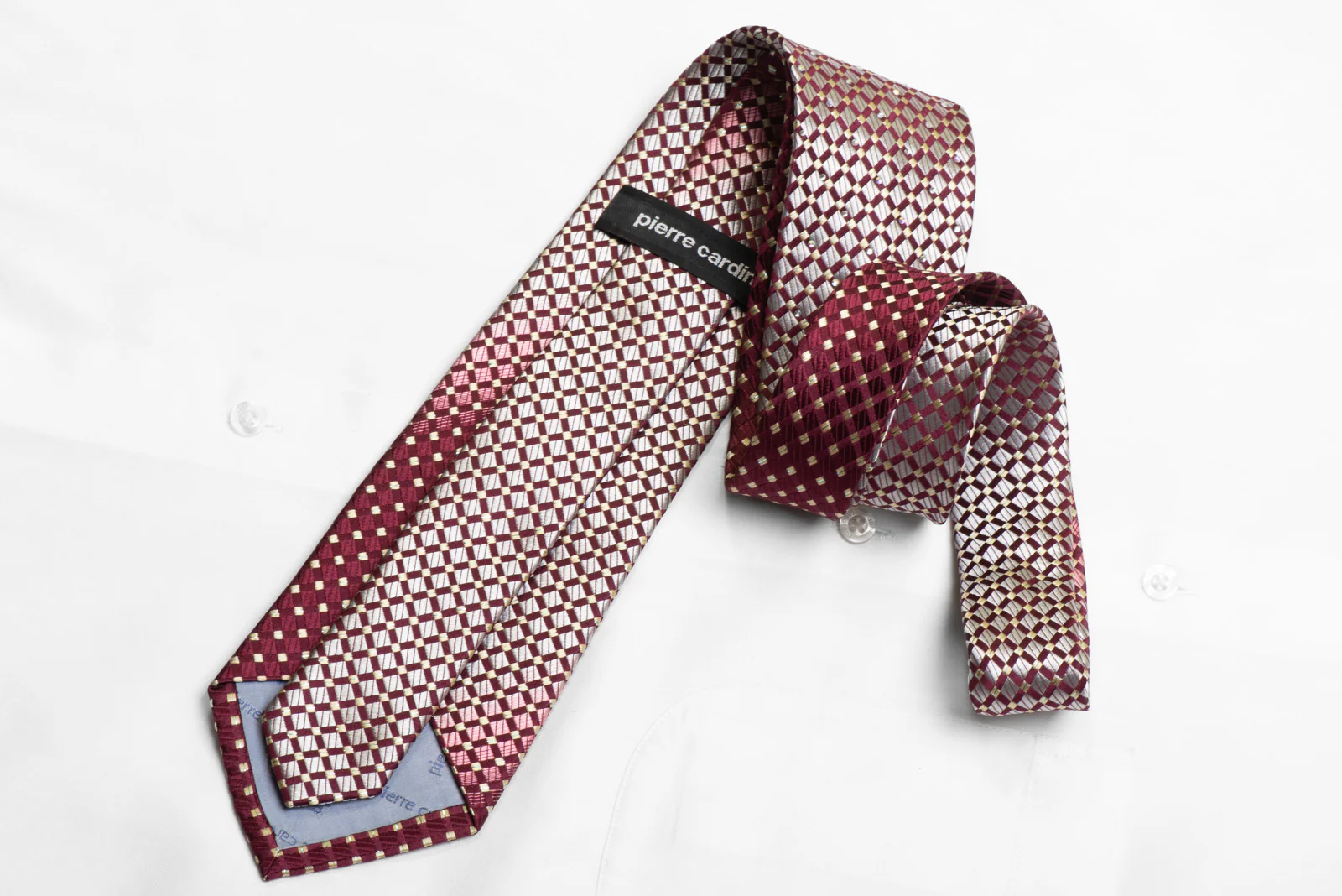Silk Necktie Silver Geometric On Burgundy With Silver Sparkles - Image 4