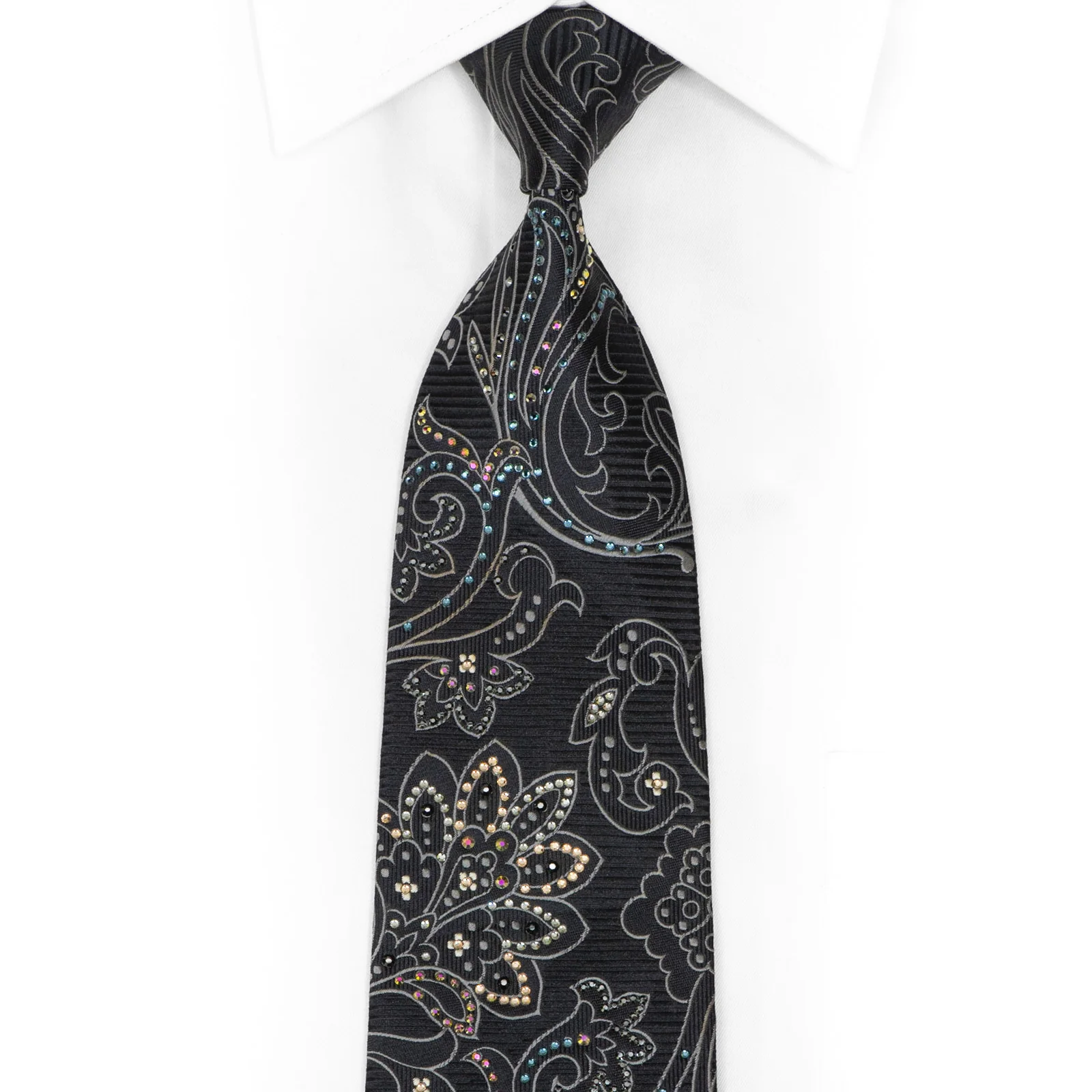 Silver Acanthus On Black Rhinestone Silk Necktie