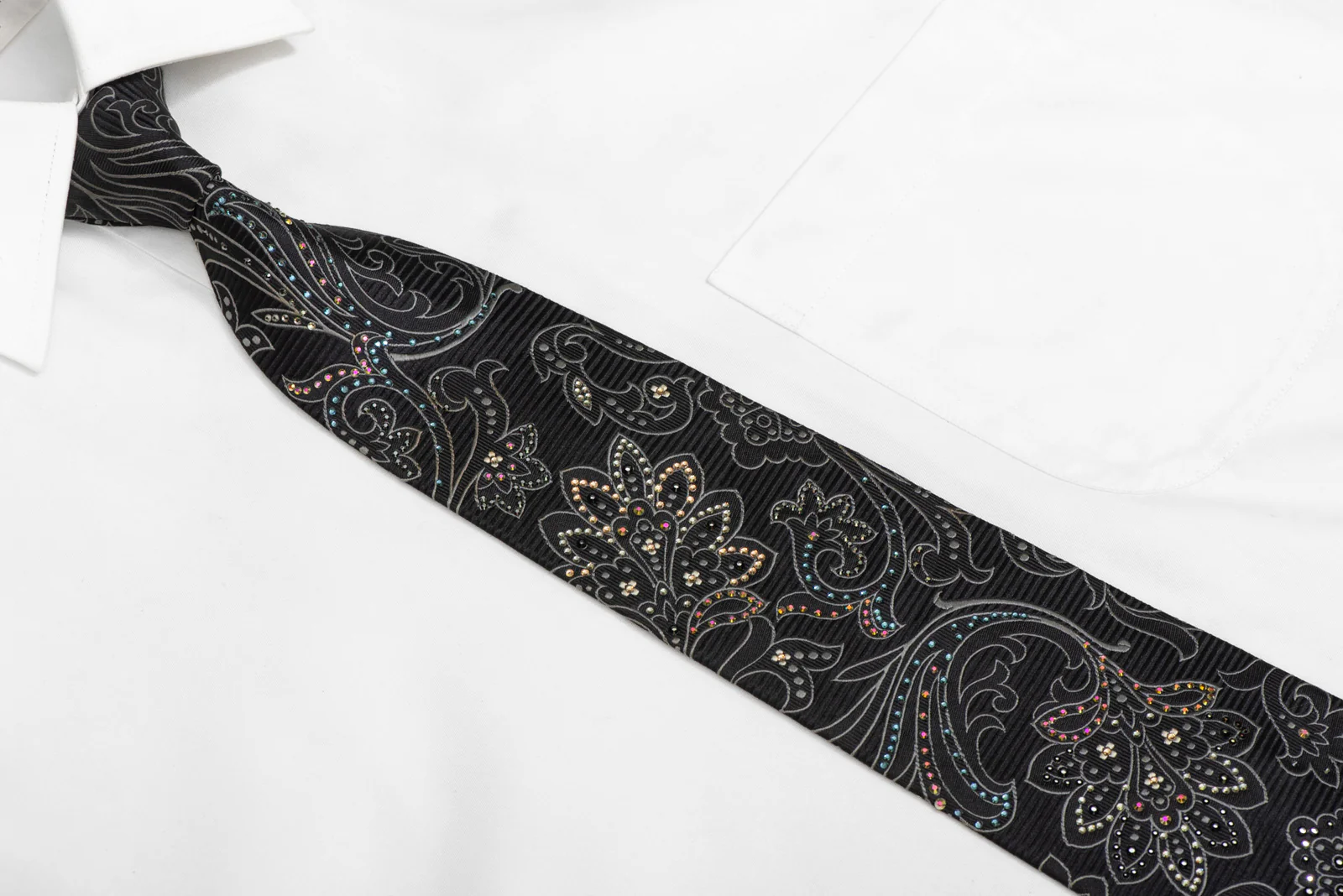 Silver Acanthus On Black Rhinestone Silk Necktie - Image 2