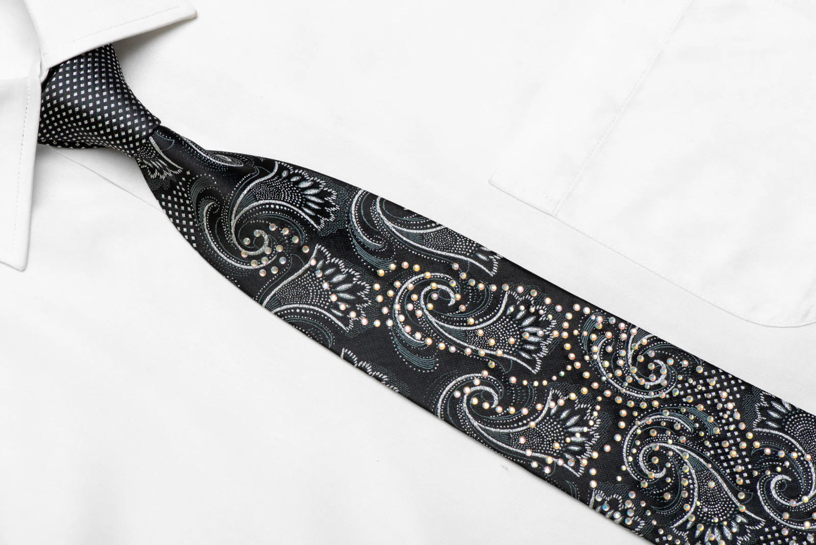 Silver Acanthus On Black Rhinestone Silk Necktie With Silver Sparkles - Image 2