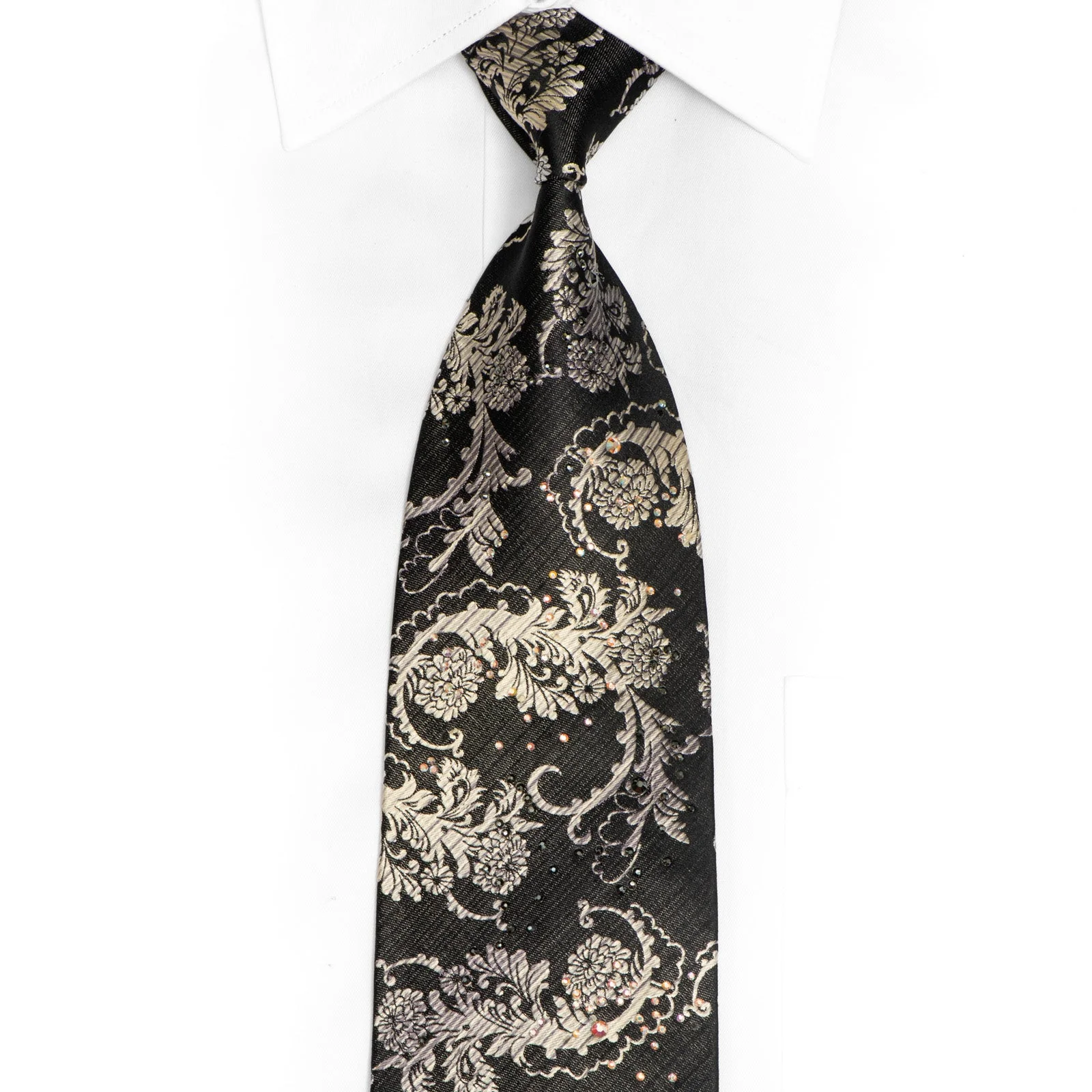 Silver Acanthus On Black Rhinestone Silk Tie