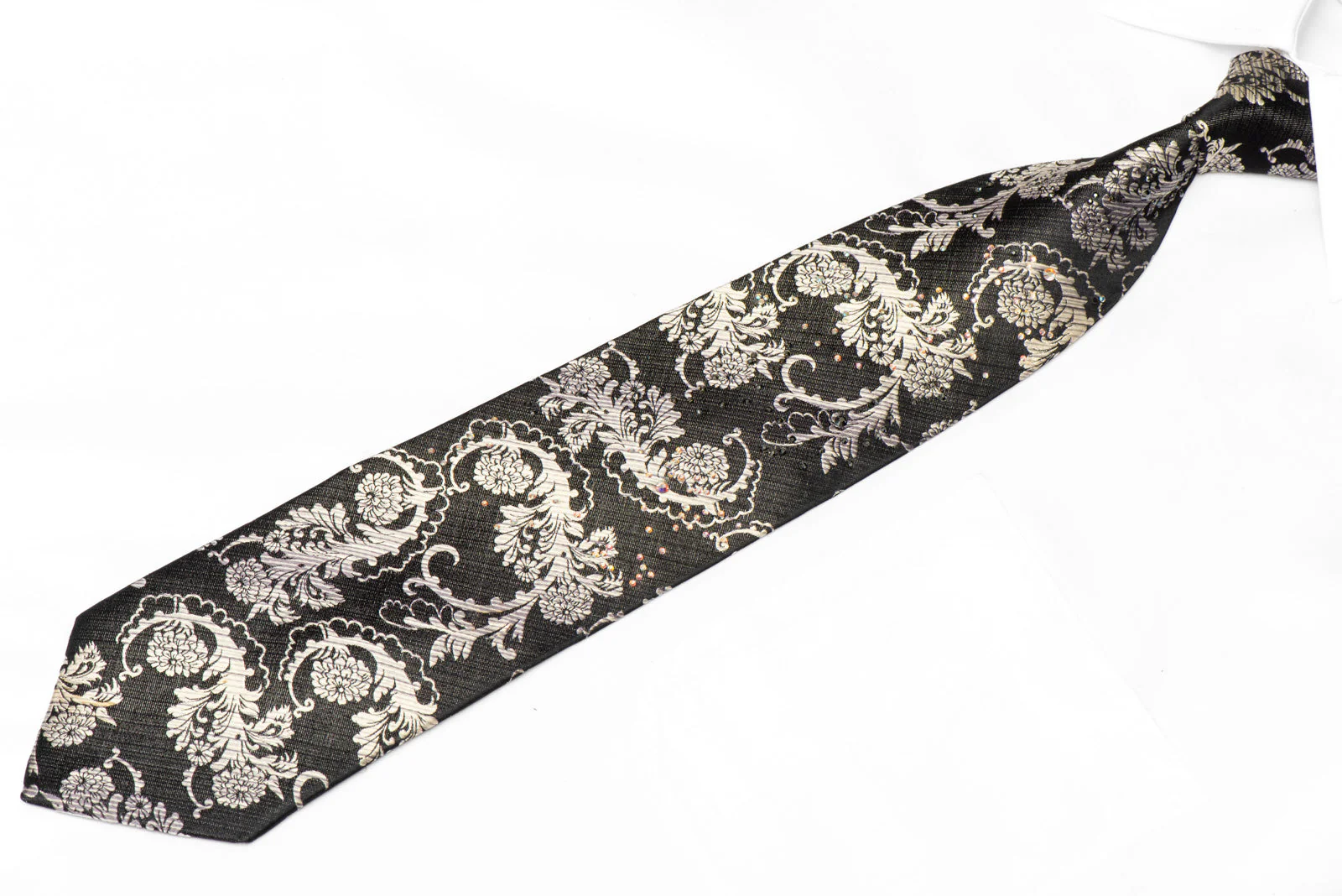 Silver Acanthus On Black Rhinestone Silk Tie - Image 2
