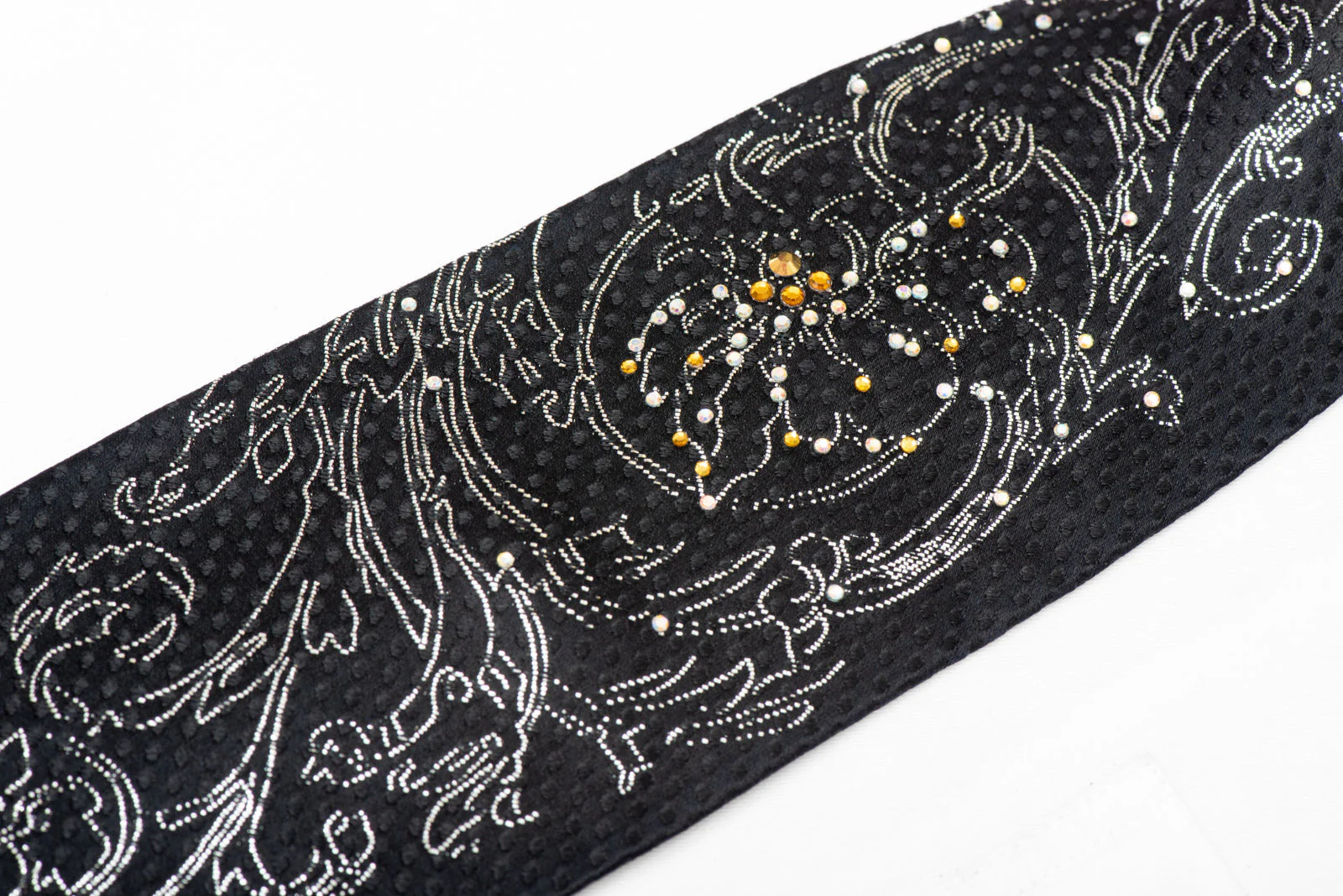 Silver Acanthus On Black Rhinestone Silk Tie With Sparkles - Image 3