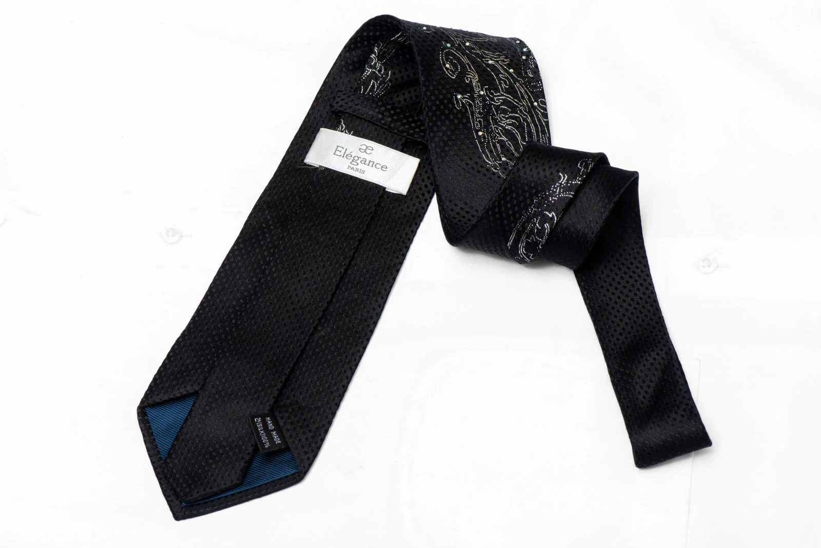 Silver Acanthus On Black Rhinestone Silk Tie With Sparkles - Image 4