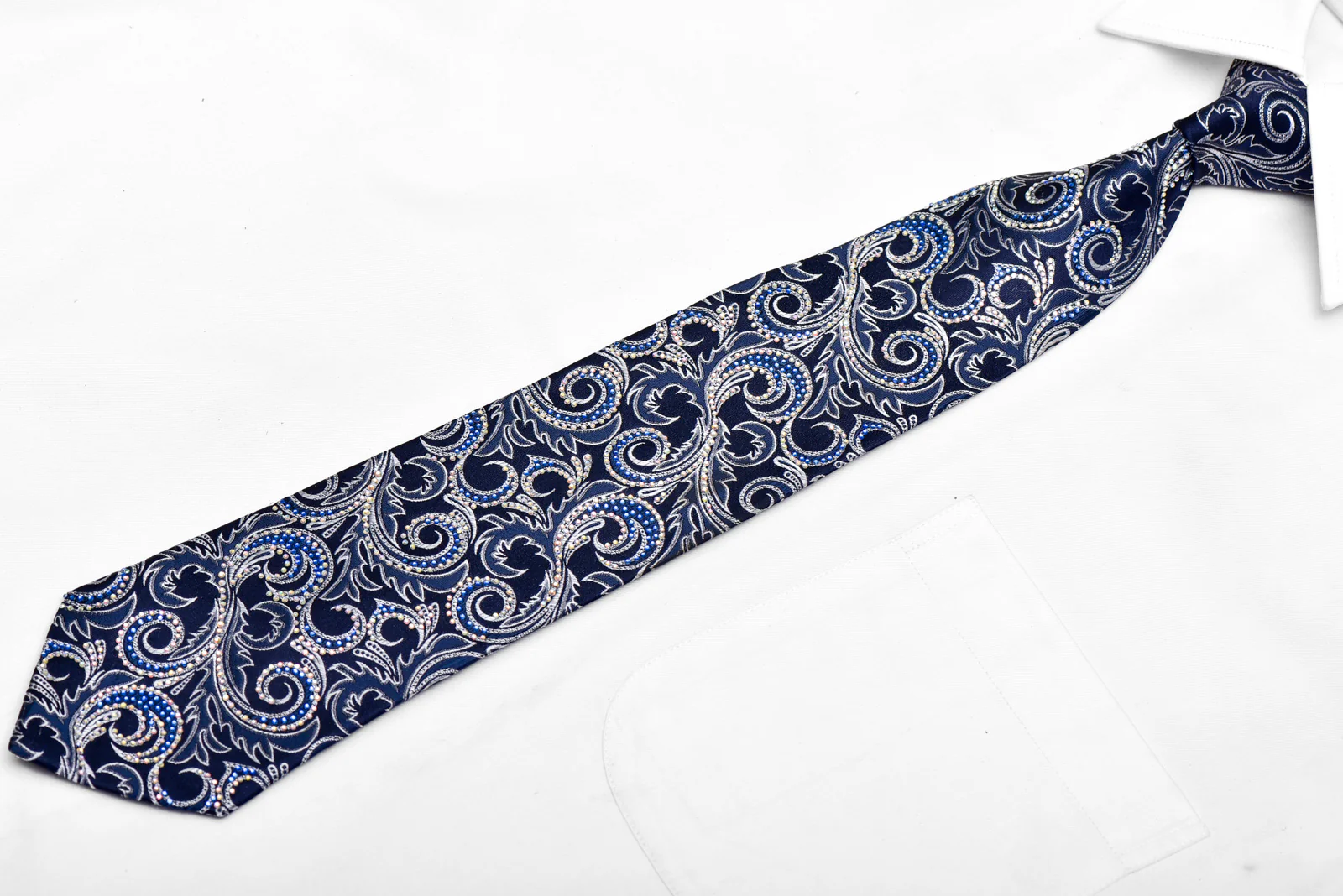 Silver Acanthus Scrolls On Blue Rhinestone Silk Necktie - Image 3