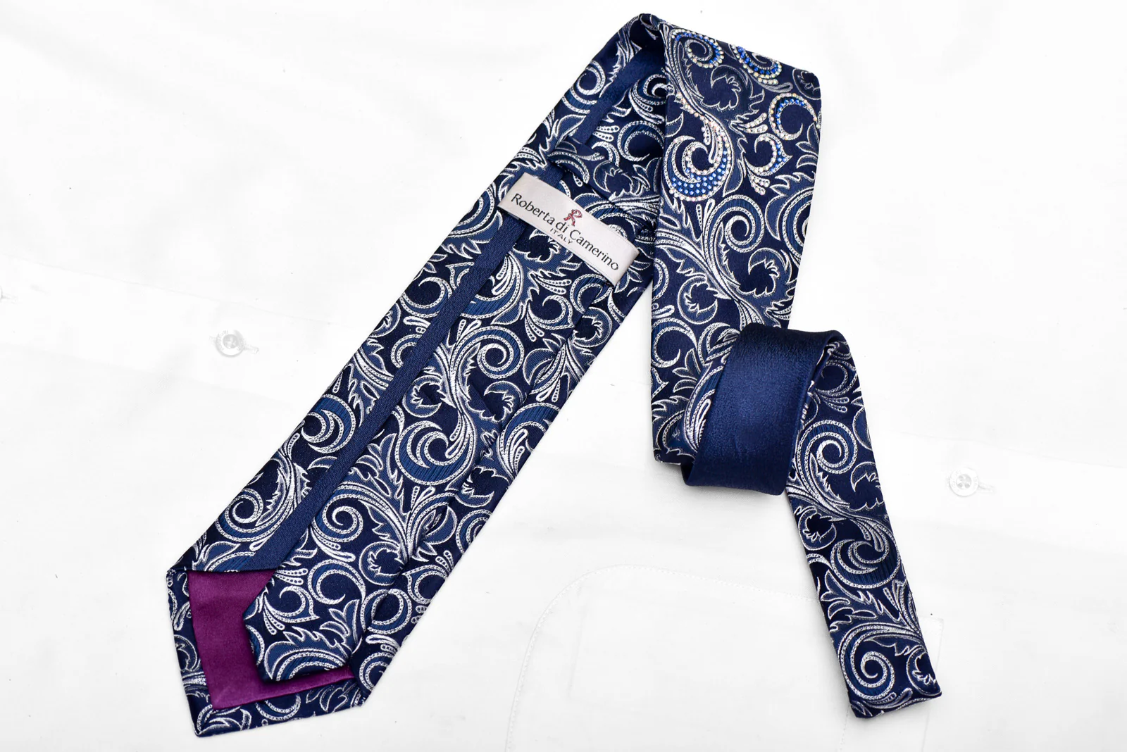 Silver Acanthus Scrolls On Blue Rhinestone Silk Necktie - Image 4