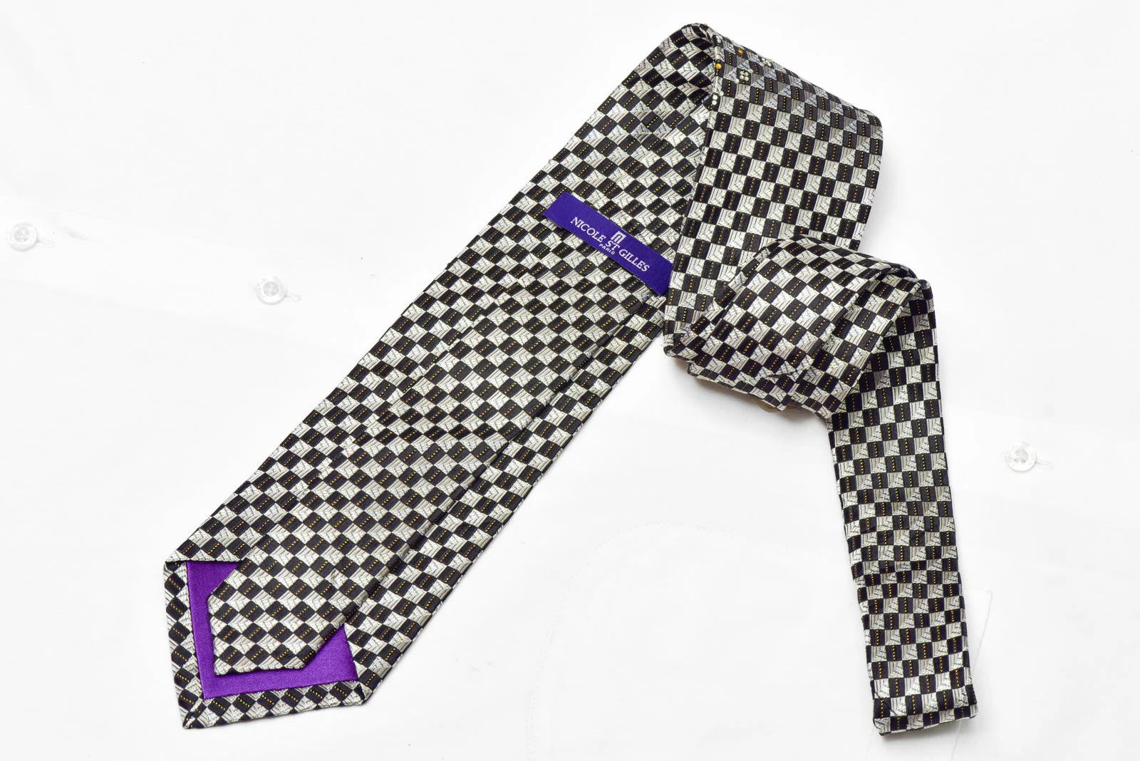 Silver Black Checkered Rhinestone Silk Necktie With Silver Gold Sparkles - Image 3
