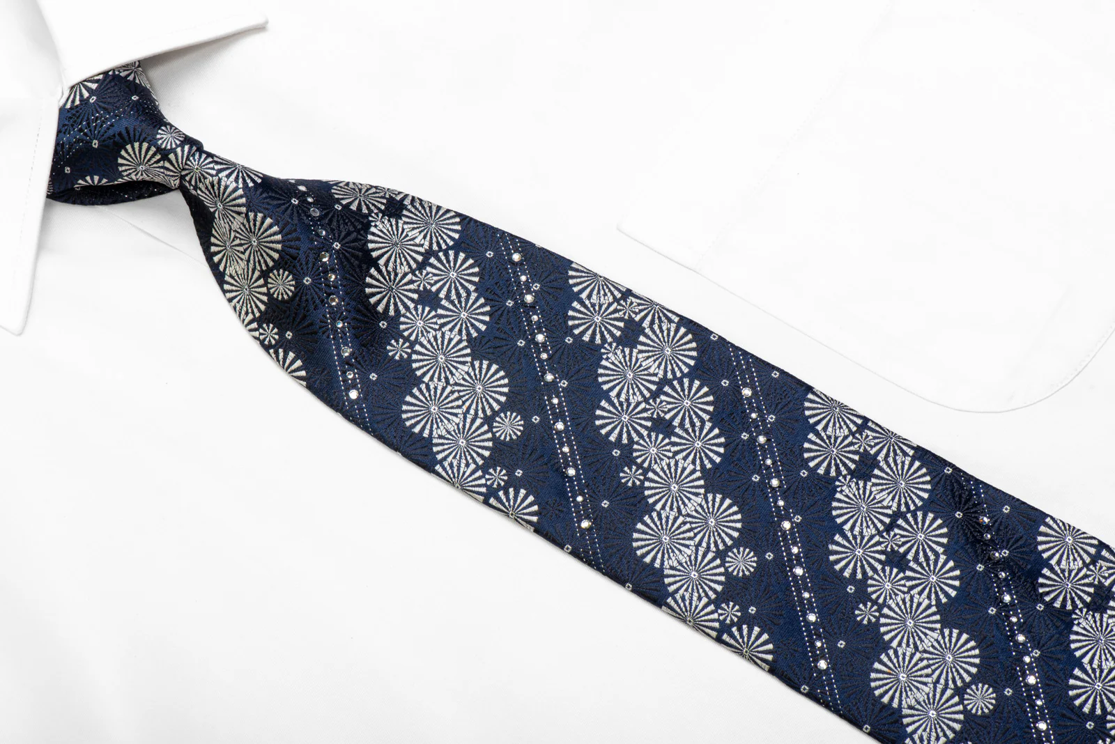 Silver Black Geometric On Navy Silk Tie With Swarovski Crystal Rhinestones - Image 2