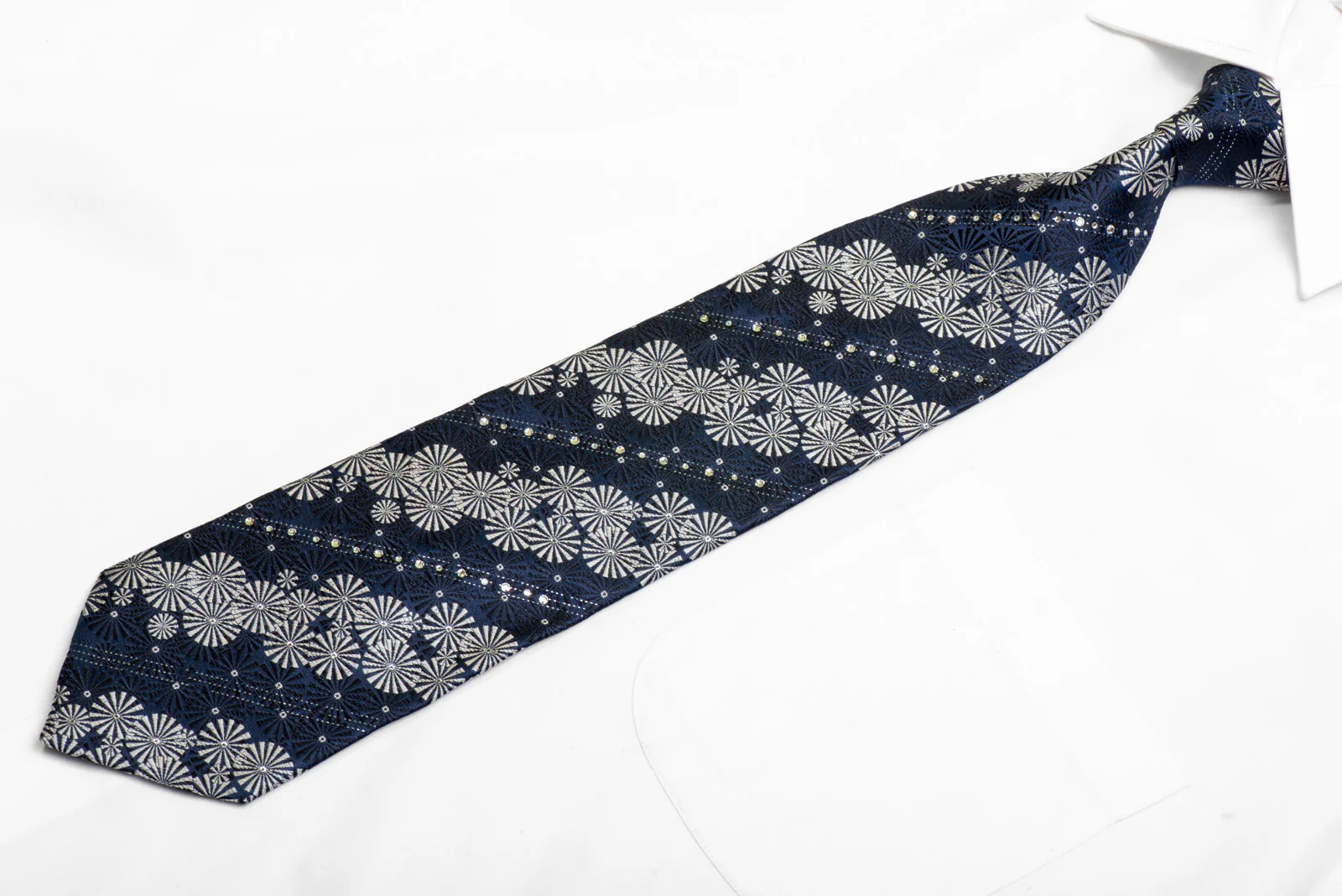 Silver Black Geometric On Navy Silk Tie With Swarovski Crystal Rhinestones - Image 3