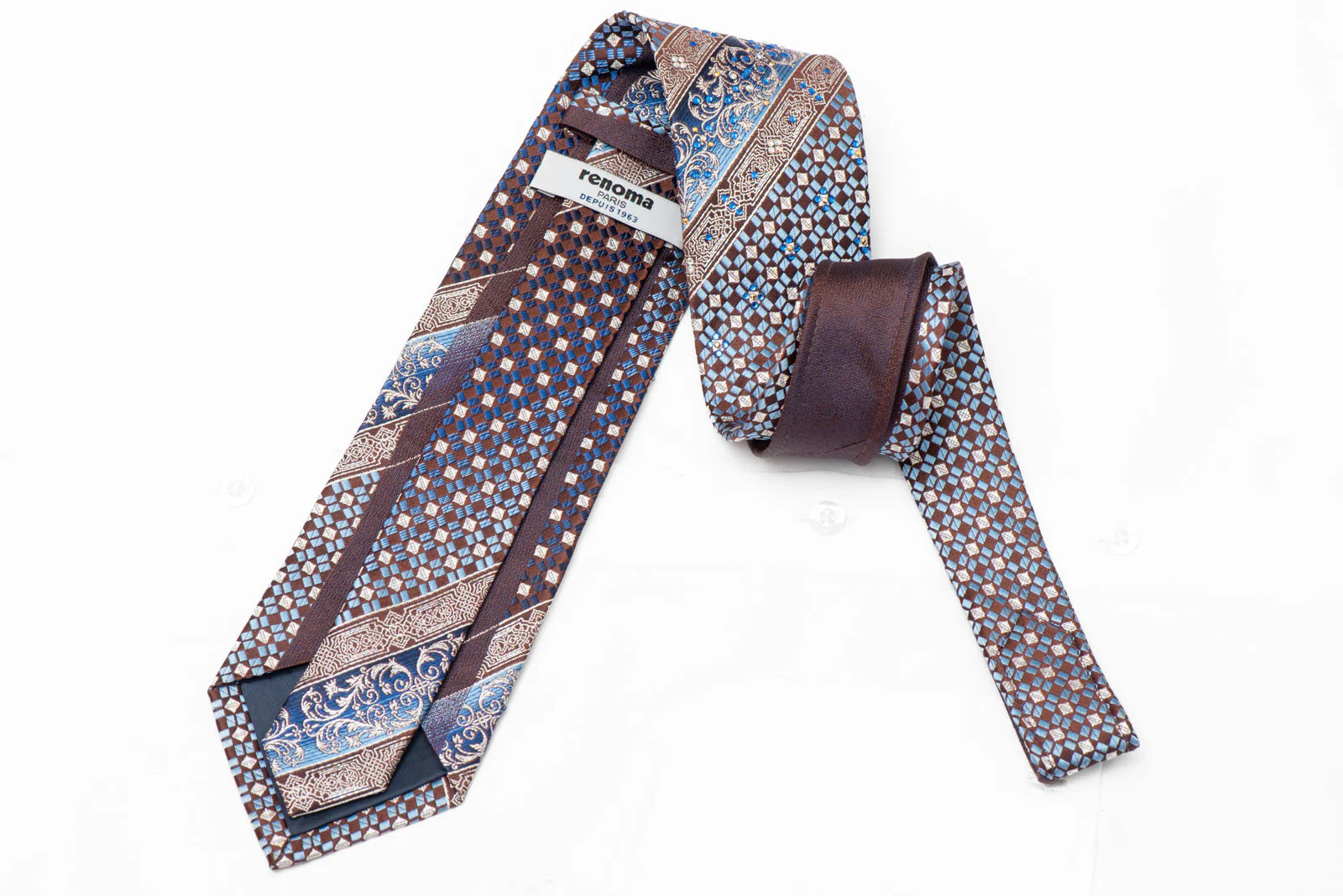 Silver Blue Cartouche On Brown Rhinestone Silk Necktie With Silver Sparkles - Image 3