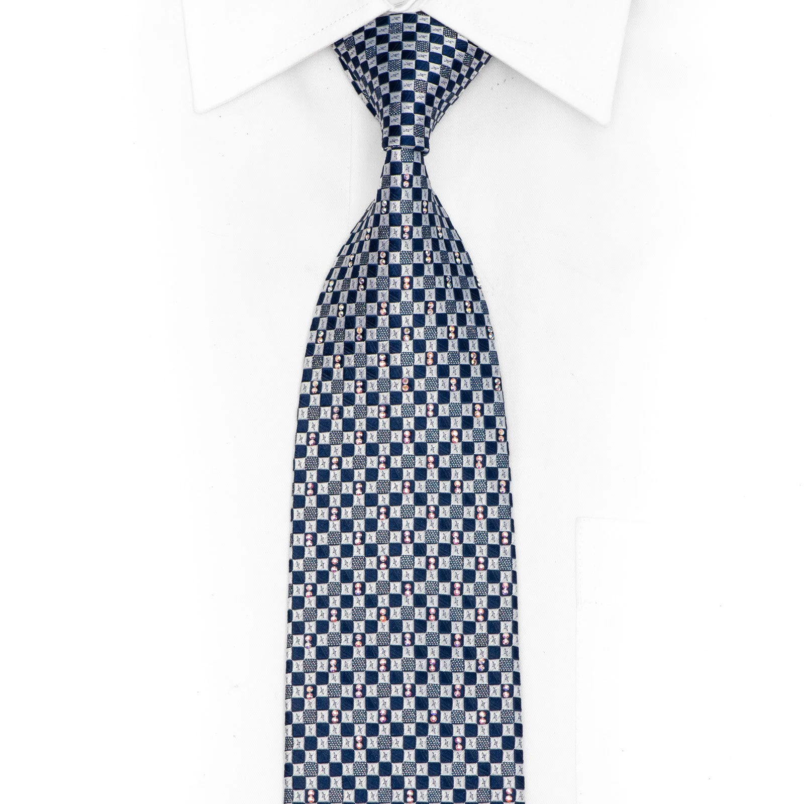 Silver Blue Checkered Crystal Rhinestone Silk Tie With Silver Sparkles