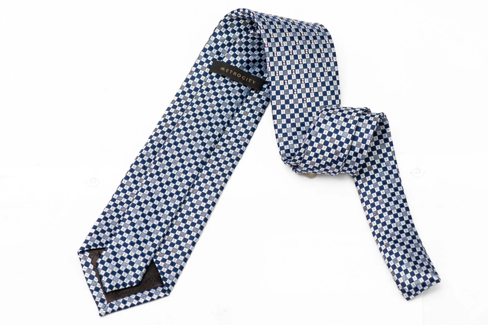 Silver Blue Checkered Crystal Rhinestone Silk Tie With Silver Sparkles - Image 3