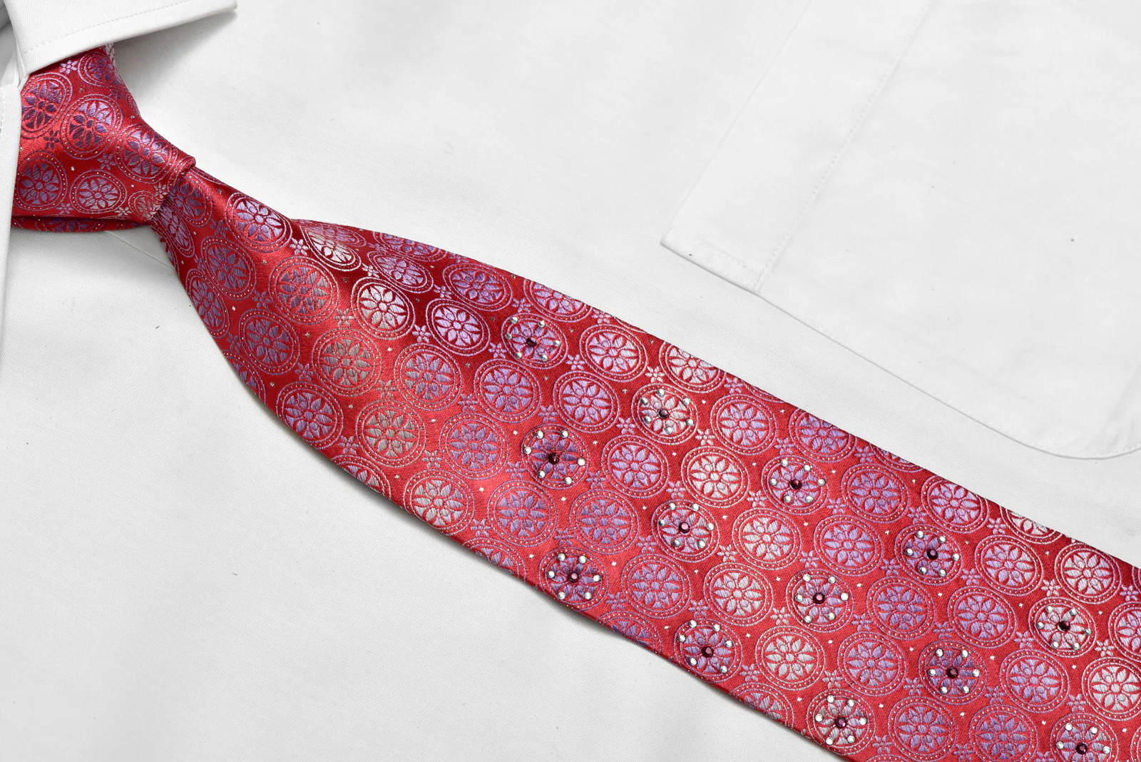 Silver Blue Floral Geometric On Red Rhinestone Silk Necktie With Silver Sparkles - Image 2