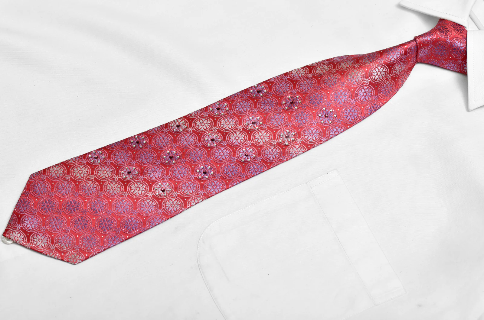 Silver Blue Floral Geometric On Red Rhinestone Silk Necktie With Silver Sparkles - Image 3