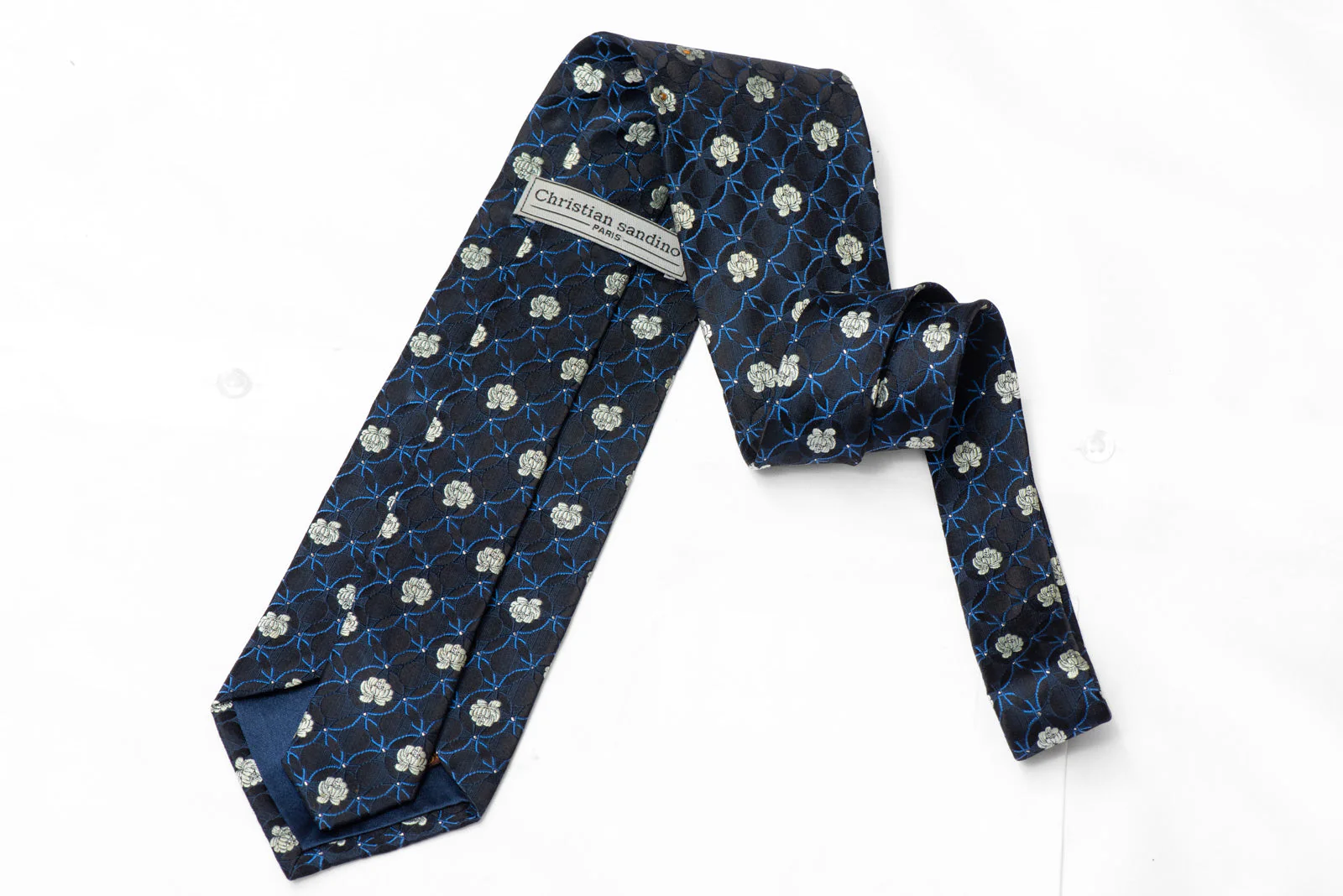 Silver Blue Floral On Black Rhinestone Tie With Silver Sparkles - Image 3