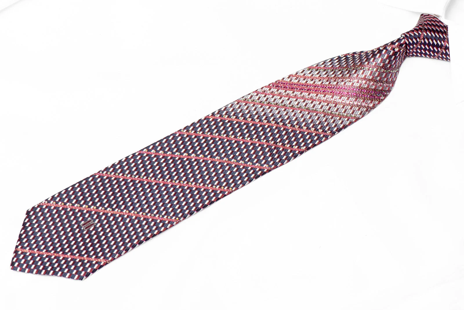 Silver Blue Geometric On Burgundy Rhinestone Silk Tie With Sparkles - Image 2