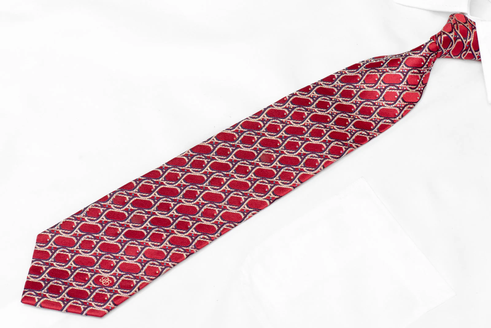 Silver Blue Geometric On Dark Red Rhinestone Silk Tie With Silver Sparkles - Image 2