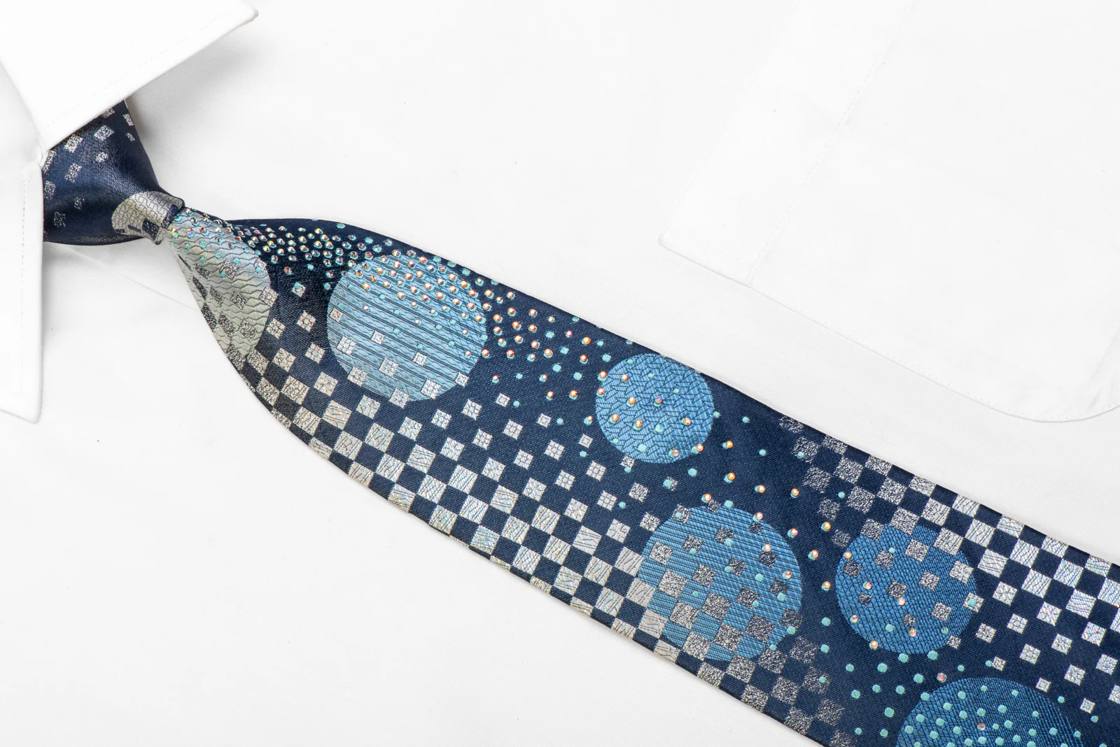 Silver Blue Geometric On Navy Rhinestone Necktie With Silver Sparkles - Image 2