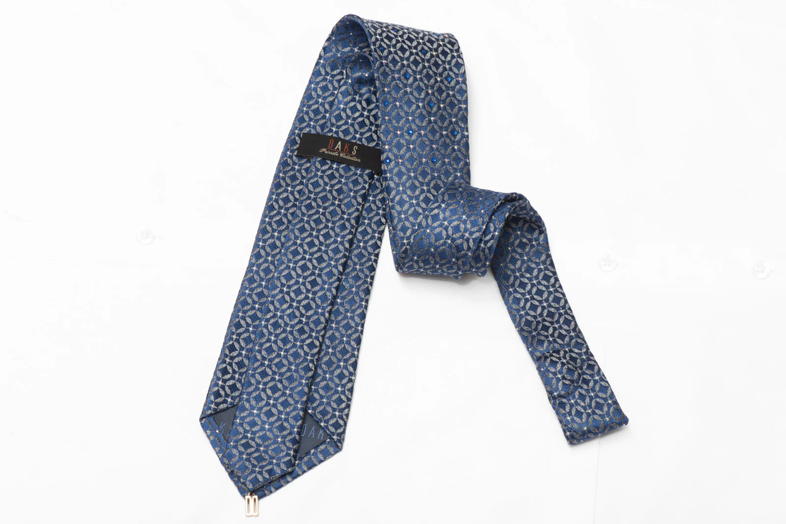 Silver Blue Geometric Rhinestone Silk Necktie With Silver Sparkles - Image 3
