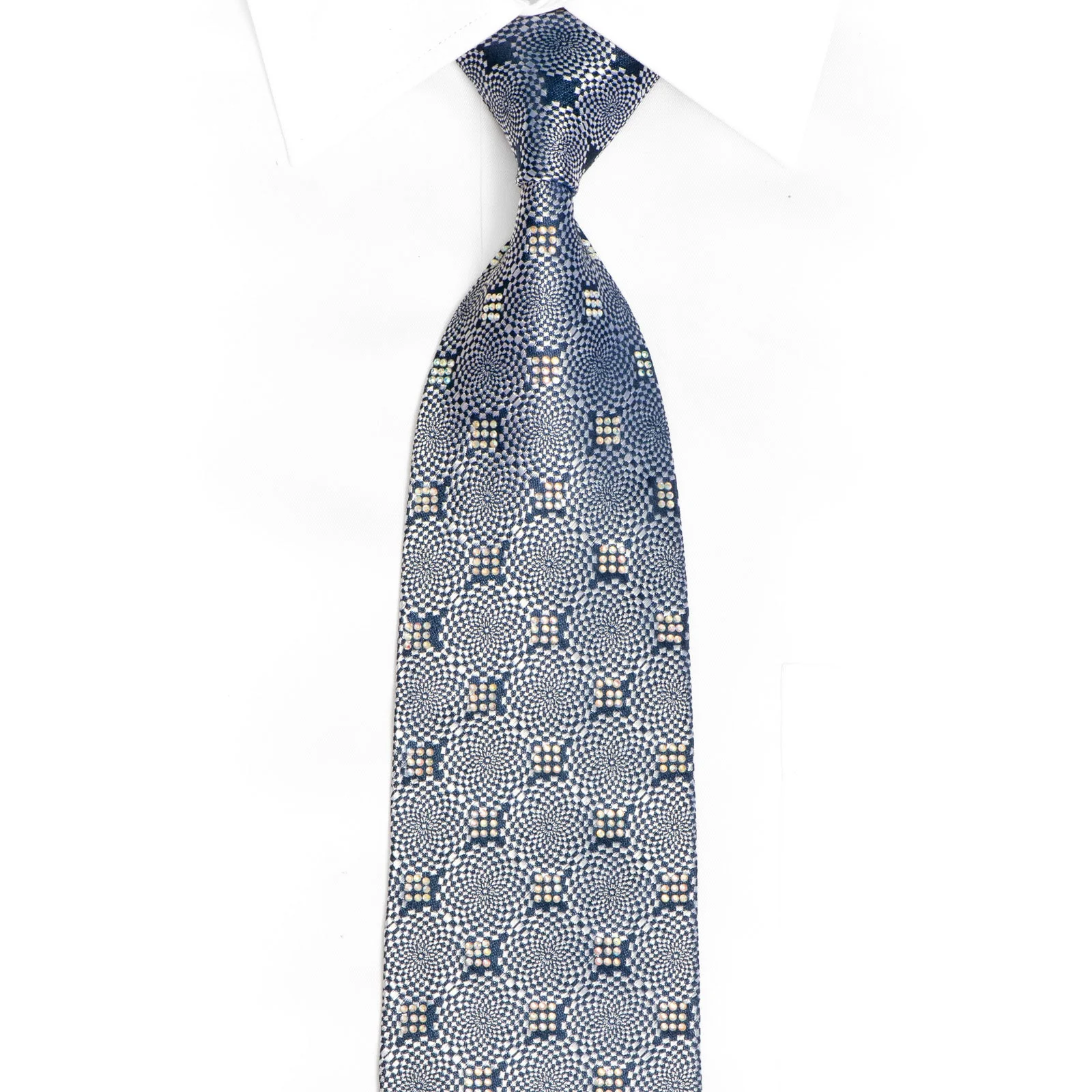 Silver Blue Geometric Silk Necktie Sparkling With Crystal AB Rhinestone