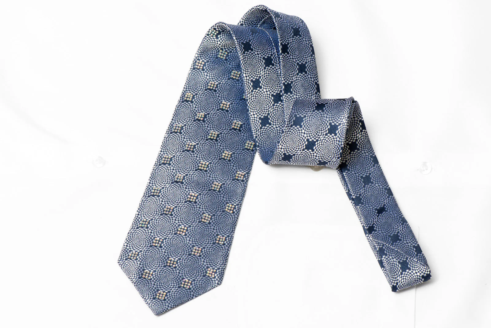 Silver Blue Geometric Silk Necktie Sparkling With Crystal AB Rhinestone - Image 4