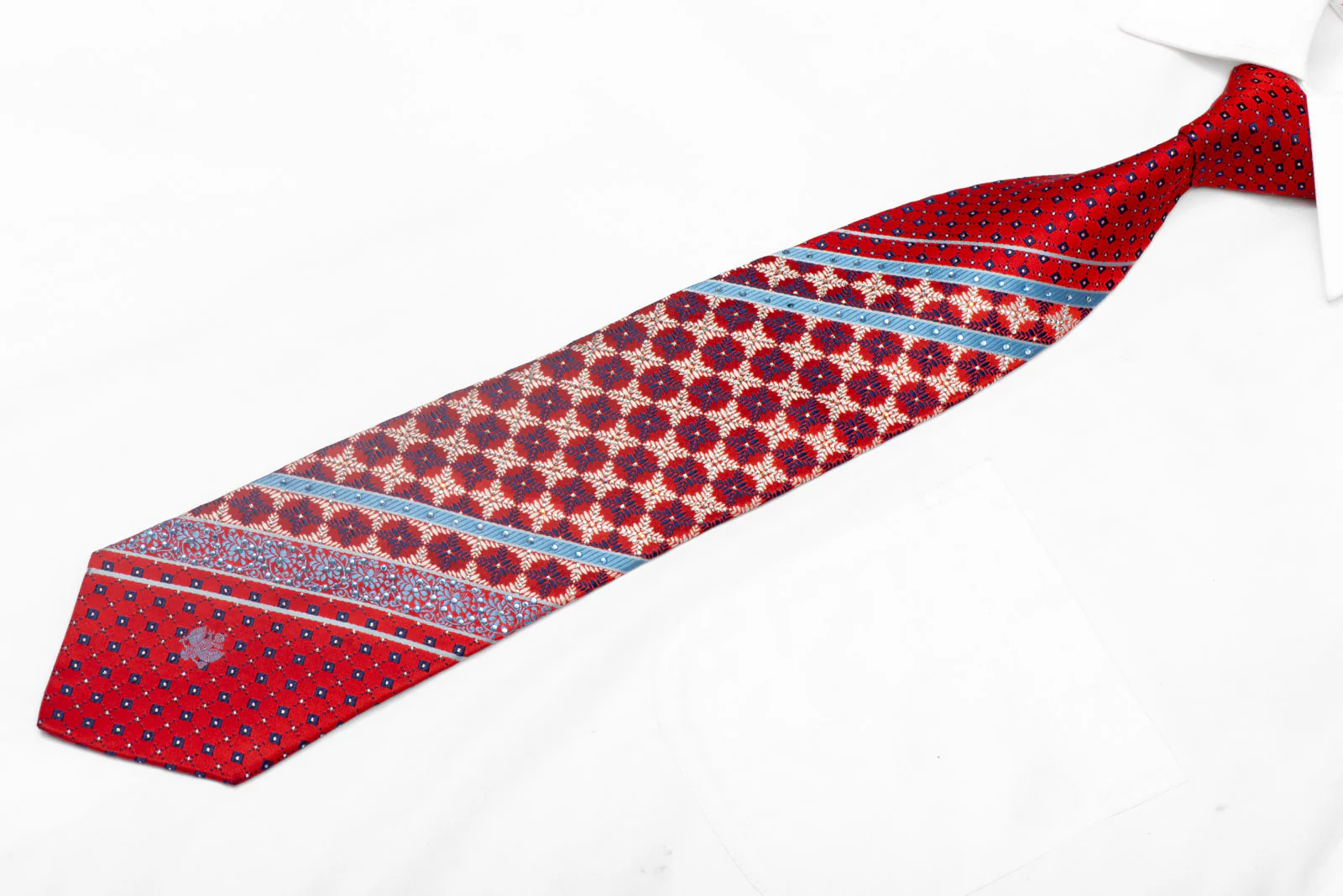 Silver Blue Geometric & Striped On Red Rhinestone Silk Tie With Sparkles - Image 2